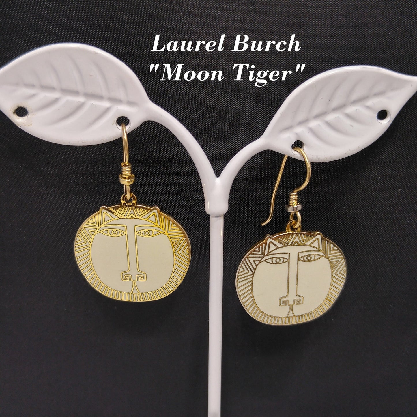 Laurel Burch "Moon Tiger" White Drop Earrings, Gold Plated Cloisonné, White Enamel, 1980s Vintage Jewelry