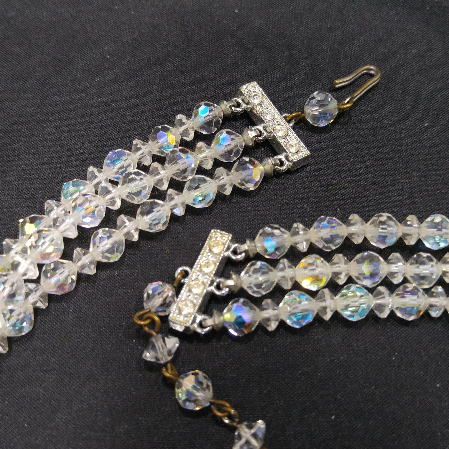 AB Crystal Beaded Necklace Earrings Set, Clear Aurora Borealis Beads, 1950s Vintage Jewelry