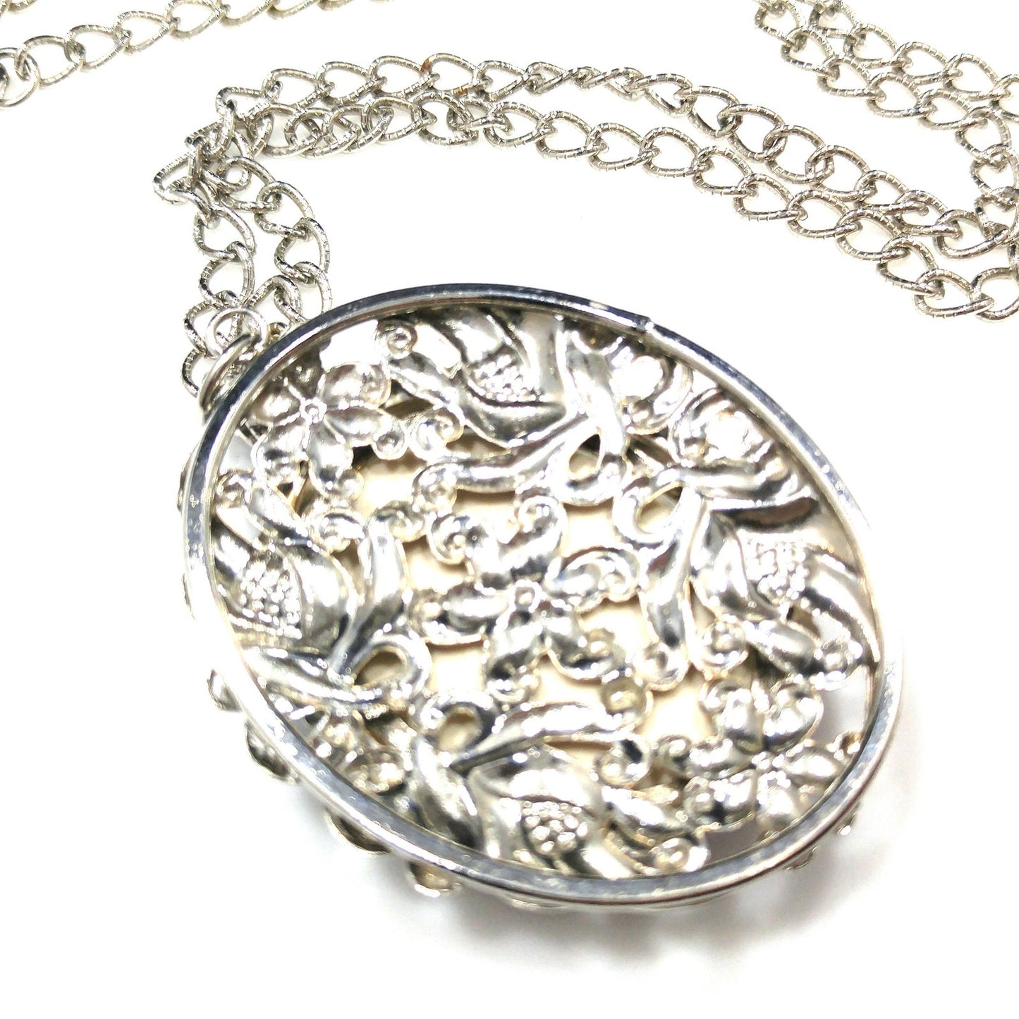 Hand Painted Monochrome Flower Pendant Necklace, Signed & Dated, 1970s Vintage Jewelry