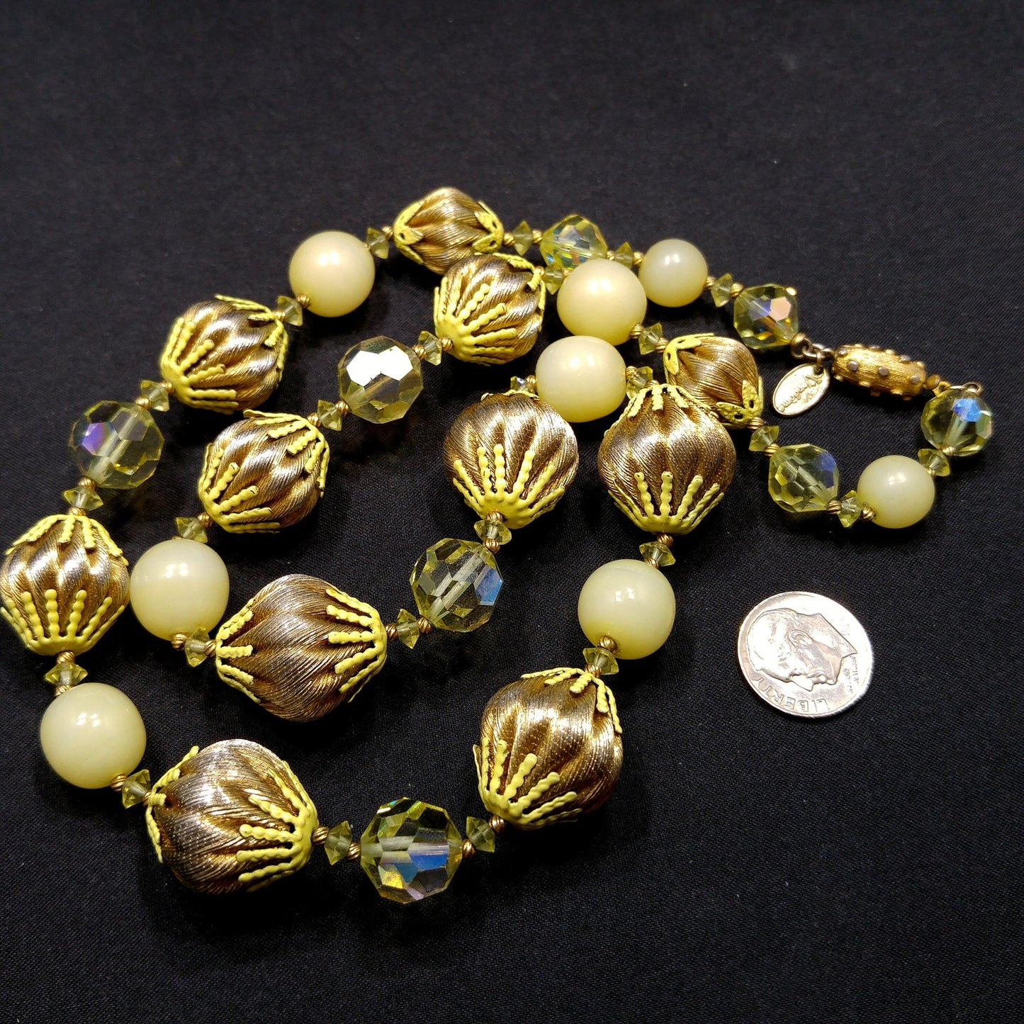 Vendome Gold Twist & AB Crystal Bead Necklace, Yellow Bead Caps, Gold Plated, 1960s Vintage Jewelry