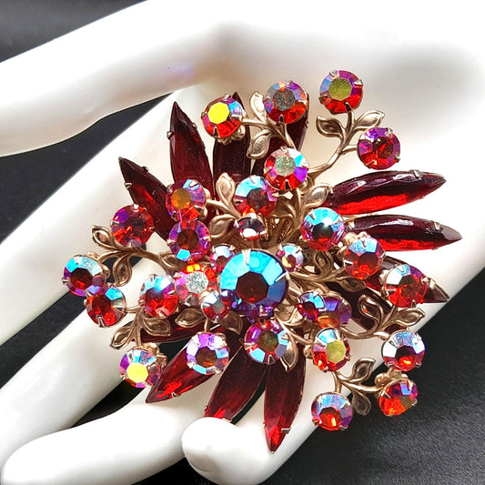 Mid-century Red Aurora Borealis Rhinestone Floral Brooch, Riveted Design, 1950s Vintage Jewelry