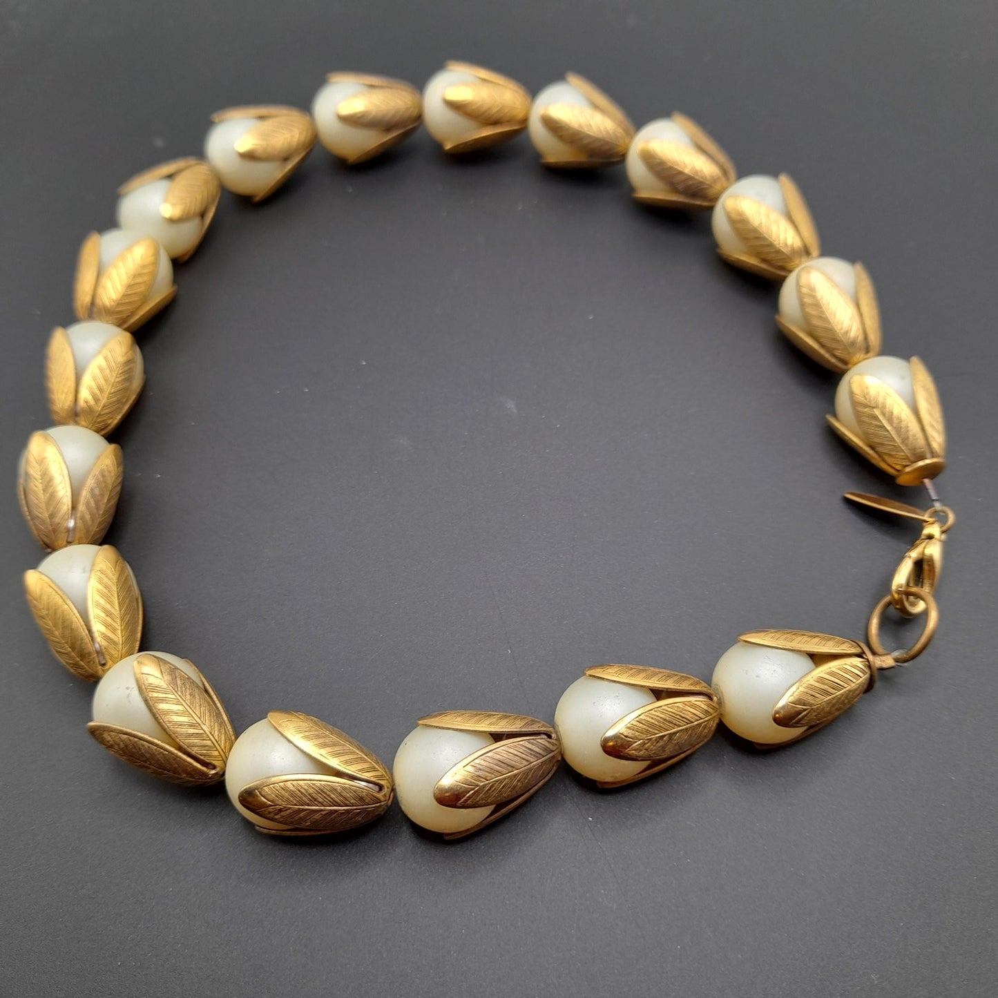 Lenora Dame Faux Pearl Necklace, Gold Tone Leaf Caps, Vintage Jewelry