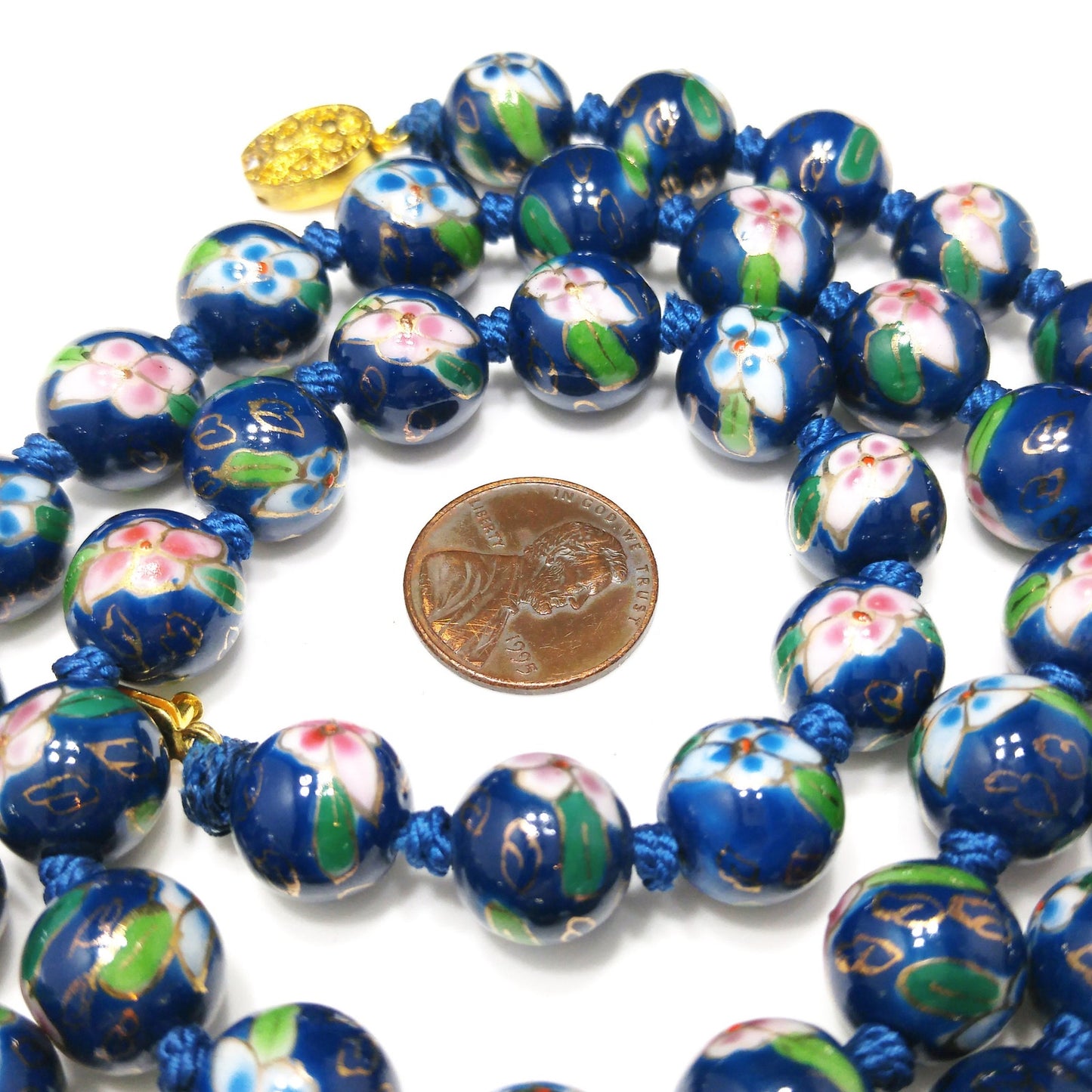 Vintage Chinese Hand Knotted Beaded Necklace, Blue Hand Painted Floral Beads, 1960s Vintage Jewelry