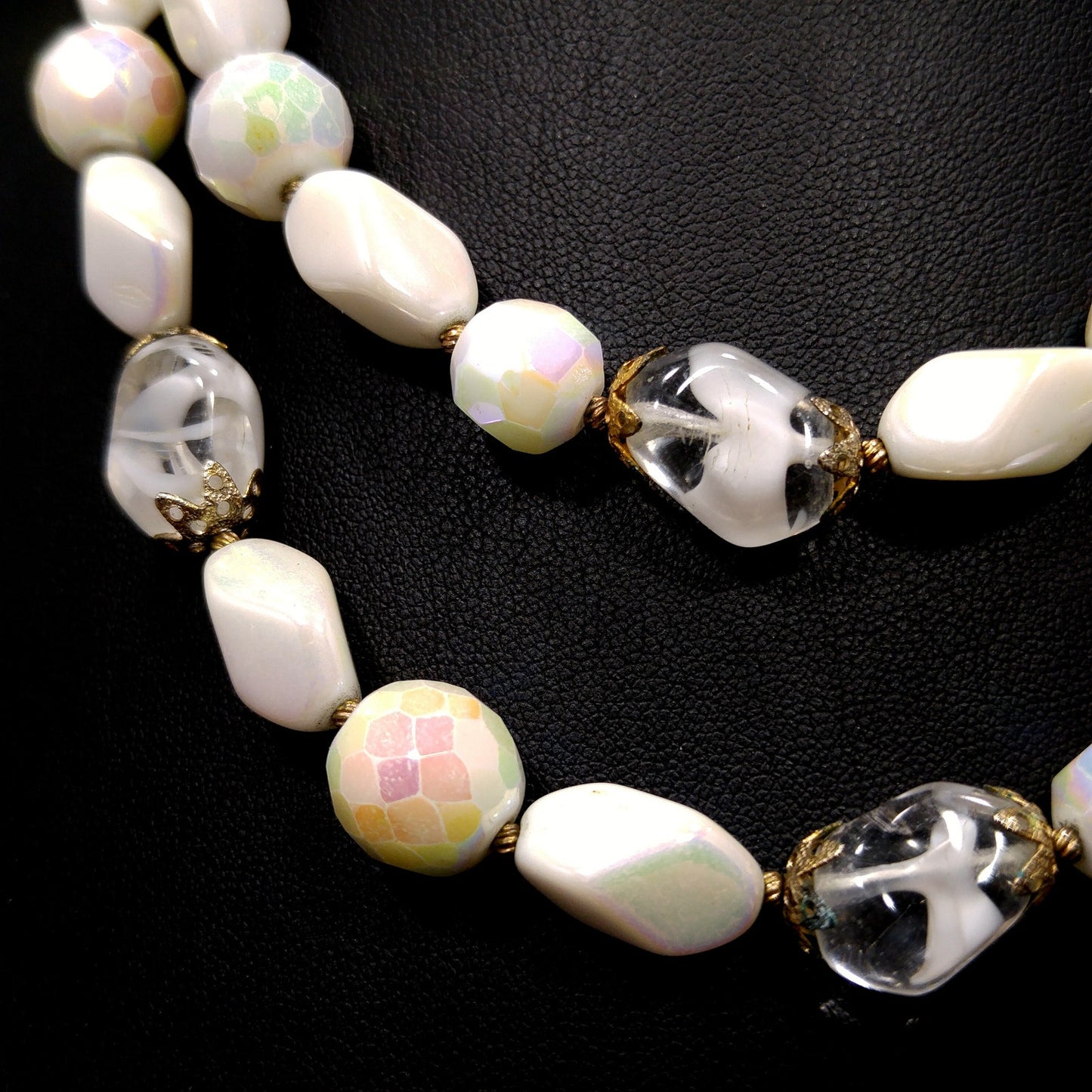Vintage Czech White Glass Beaded Necklace, Art Glass Beads, 12K GF Clasp, 1950s Vintage Jewelry