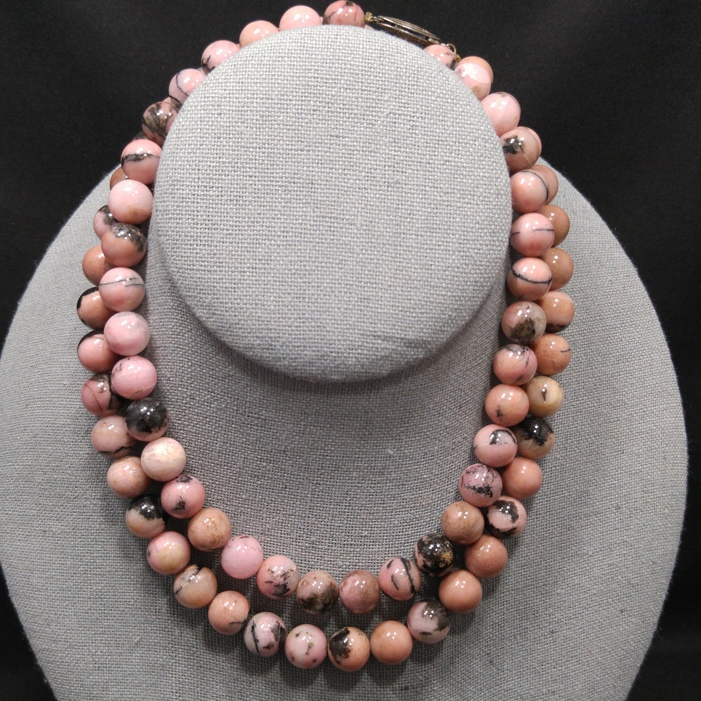 Pink Black Gemstone Beaded Necklace, Rhodonite 10mm Beads, 1970s Vintage Jewelry