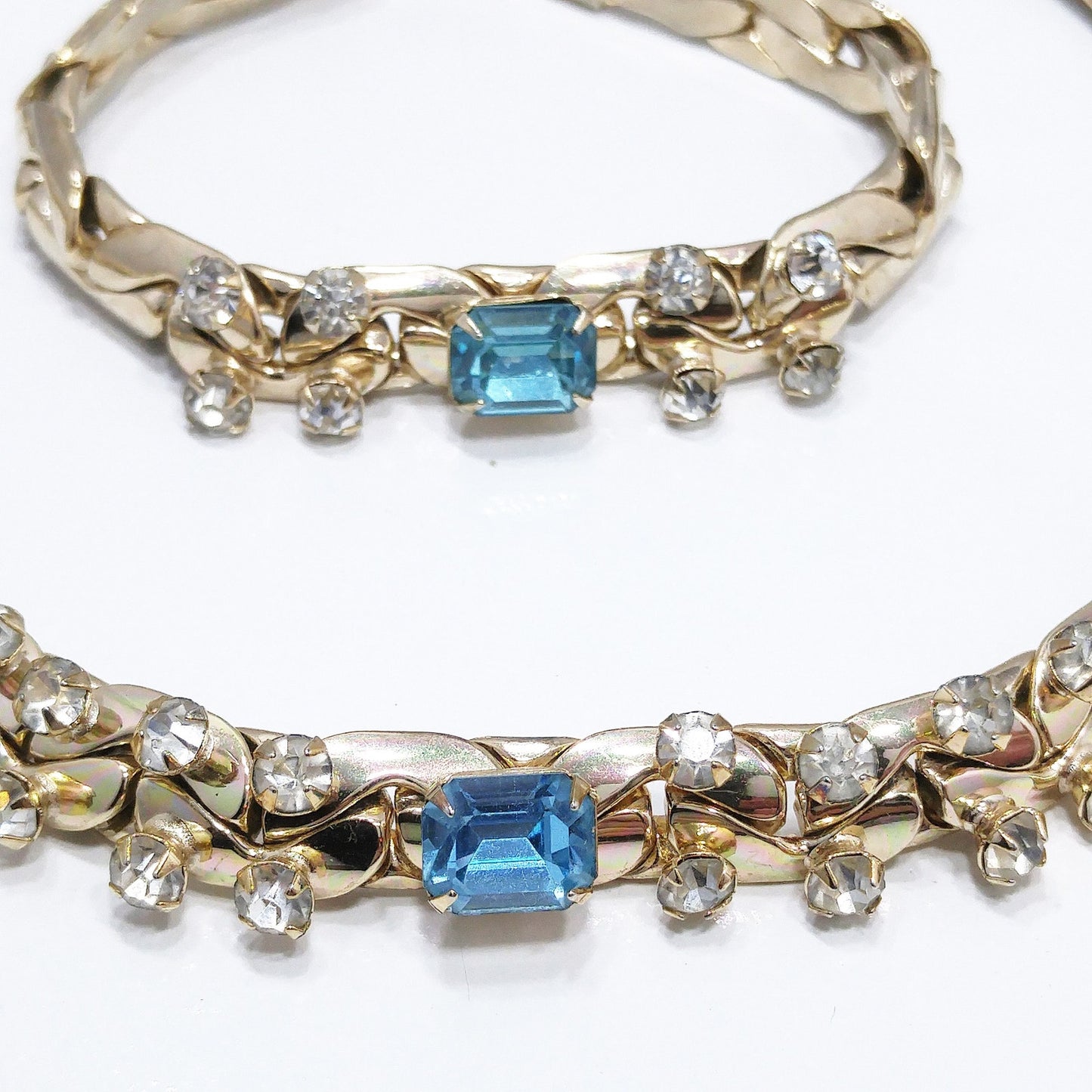 Vintage Gold Tone Chain Rhinestone Necklace & Bracelet Set, Sky Blue