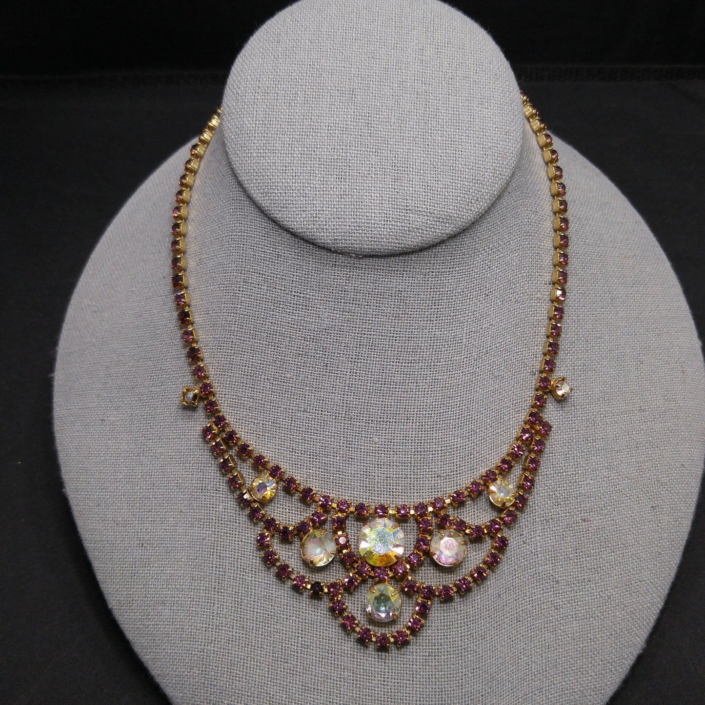 Vintage Purple AB Clear Rhinestone Choker Necklace, Gold Plated, Aurora Borealis, 1960s Vintage Jewelry