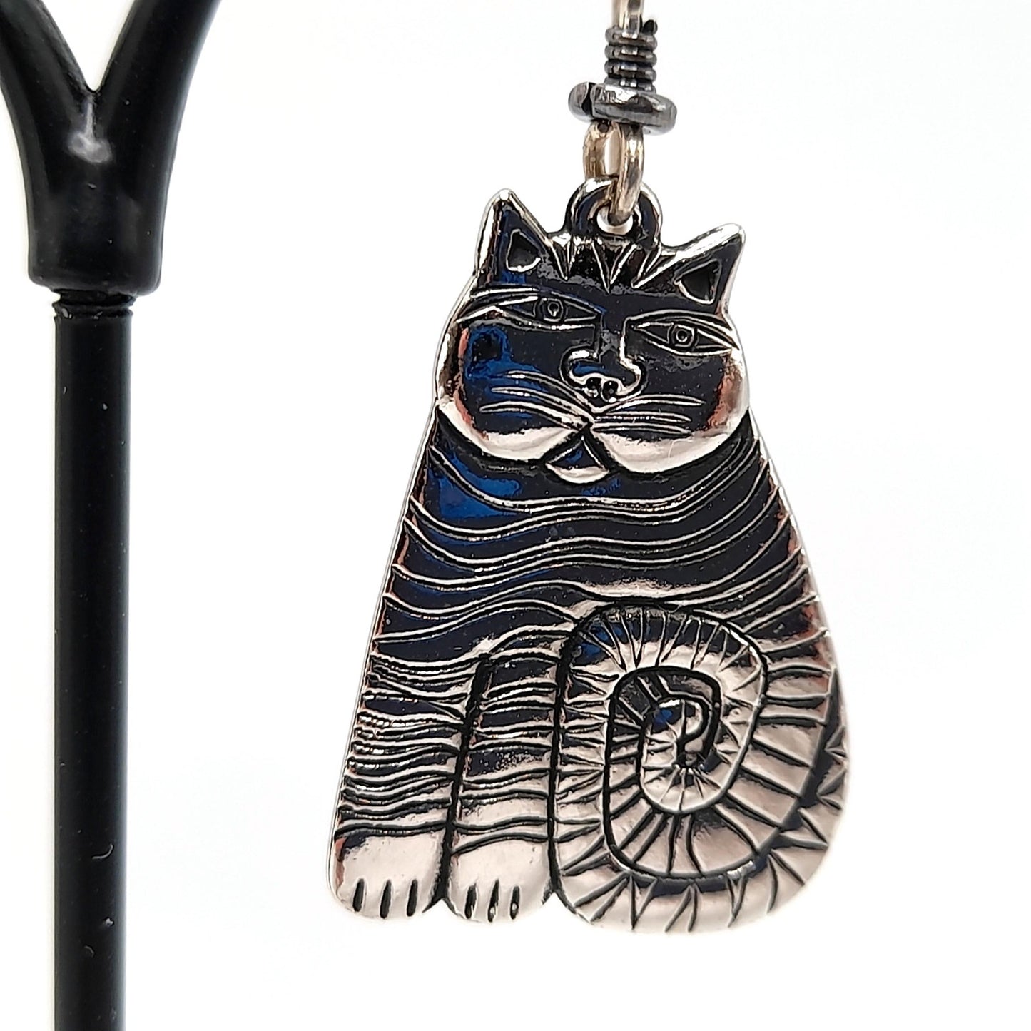 Laurel Burch Shambala Cat Earrings, Rhodium Plated, 1980s Vintage Jewelry