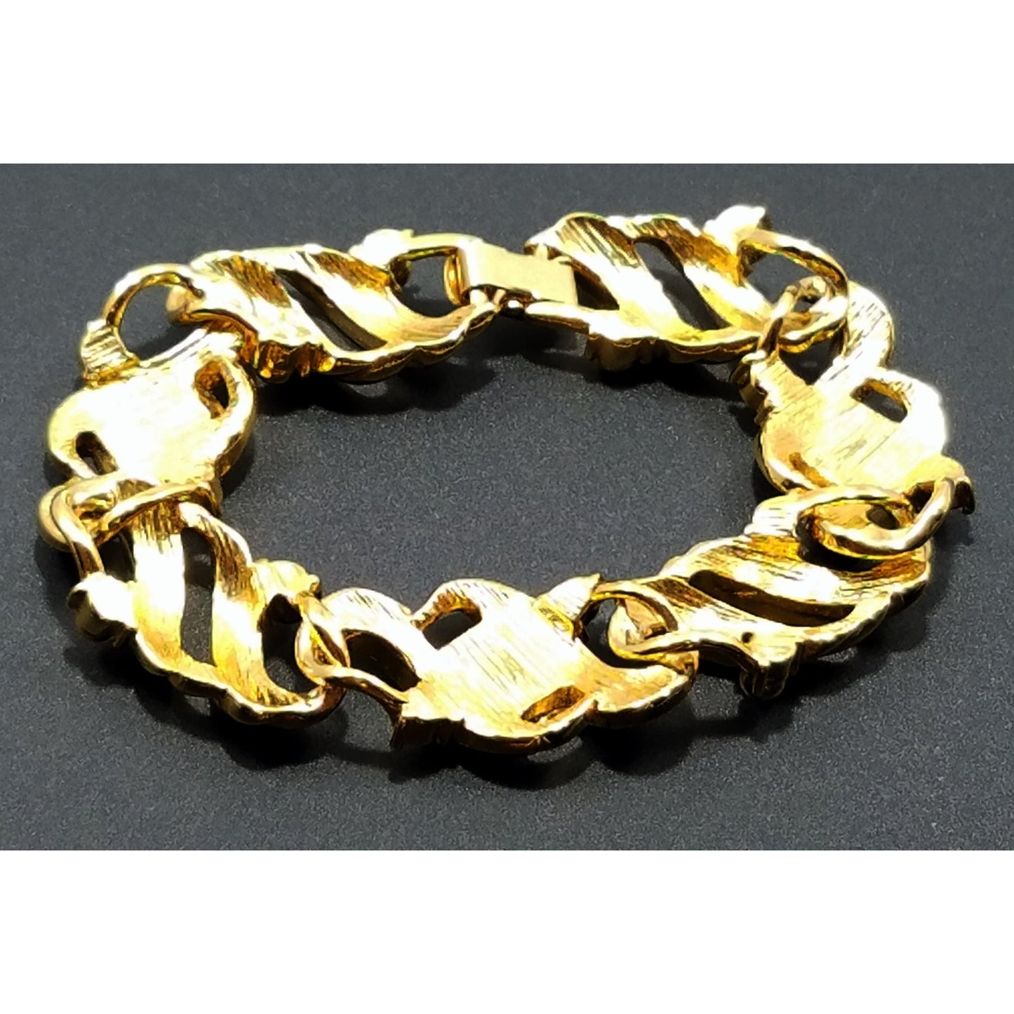Vintage Crown Trifari Gold Plated Black Enamel Bracelet, Clear Rhinestones, 1960