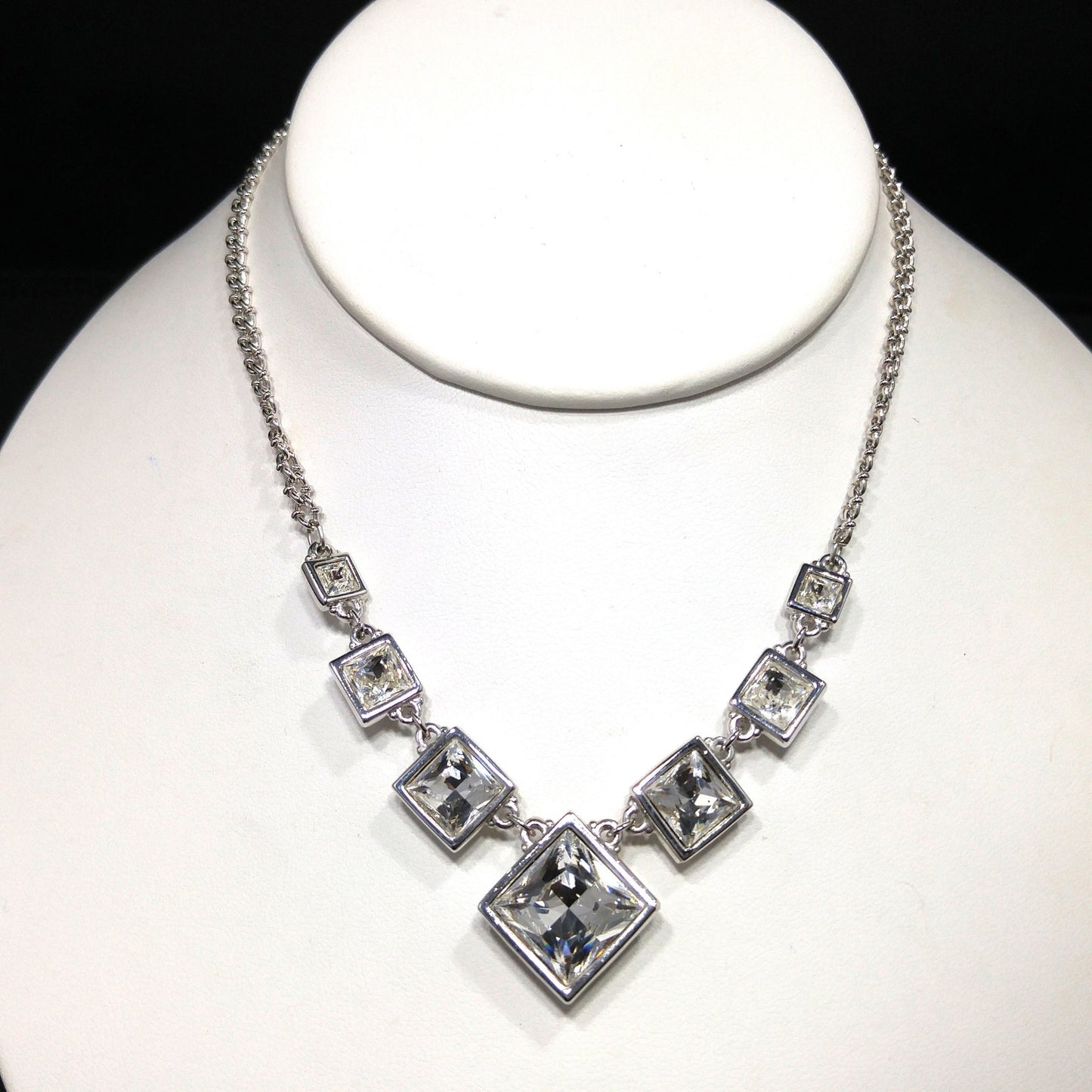 Vintage Swarovski Choker Necklace – Clear Crystal Squares, Rhodium Plated, 1990s