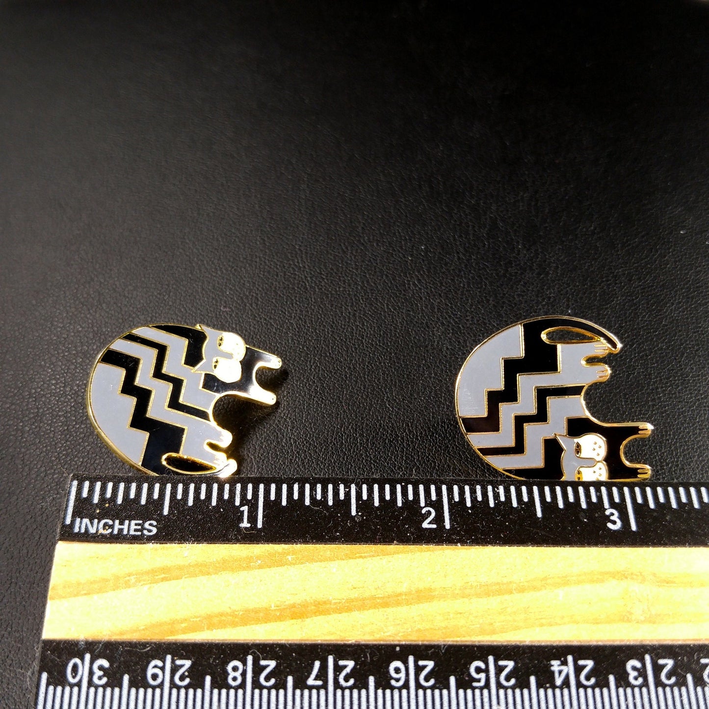 Vintage Laurel Burch "Aztec Cat" Post Earrings, Gold Plated, Black Gray Enamel