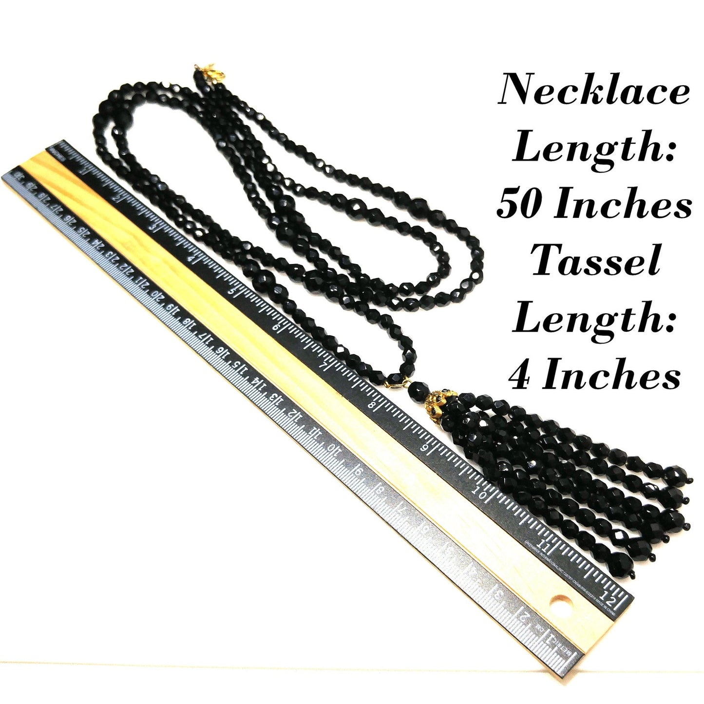Robert Rose Black Crystal Beaded Tassel Necklace, 50 Inch, 1990s Vintage