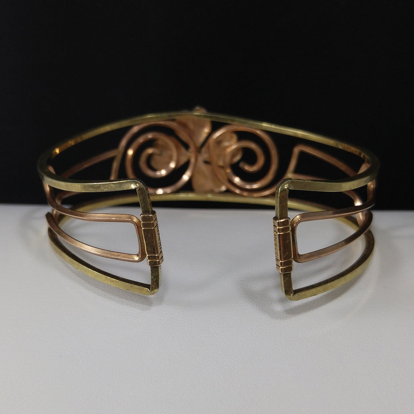 Krementz 14K Rolled Gold Overlay Cuff Bracelet, Openwork Gold Clover Center, Signed Krementz, 1960s Vintage Jewelry