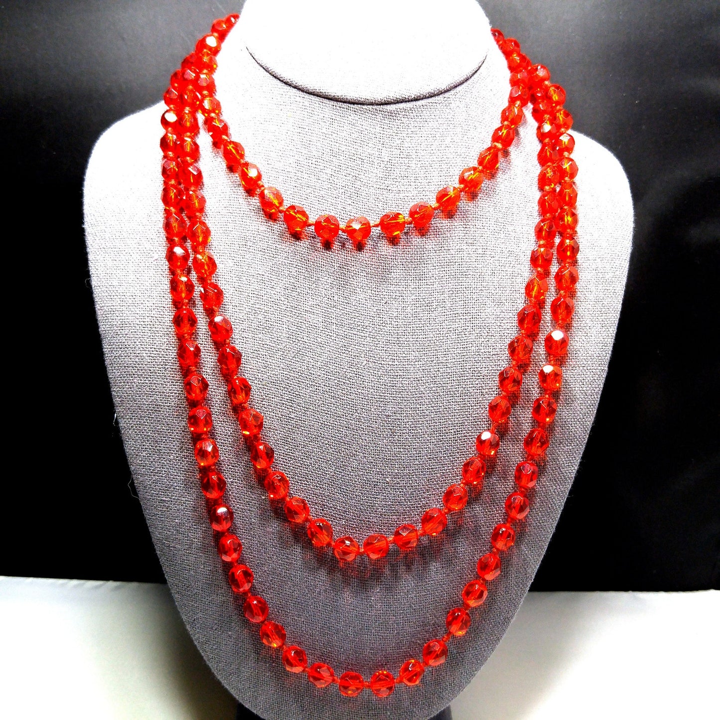 Vintage Red Crystal Hand Knotted Long Necklace, 62 Inches, No Clasp, 1960s Vintage Jewelry