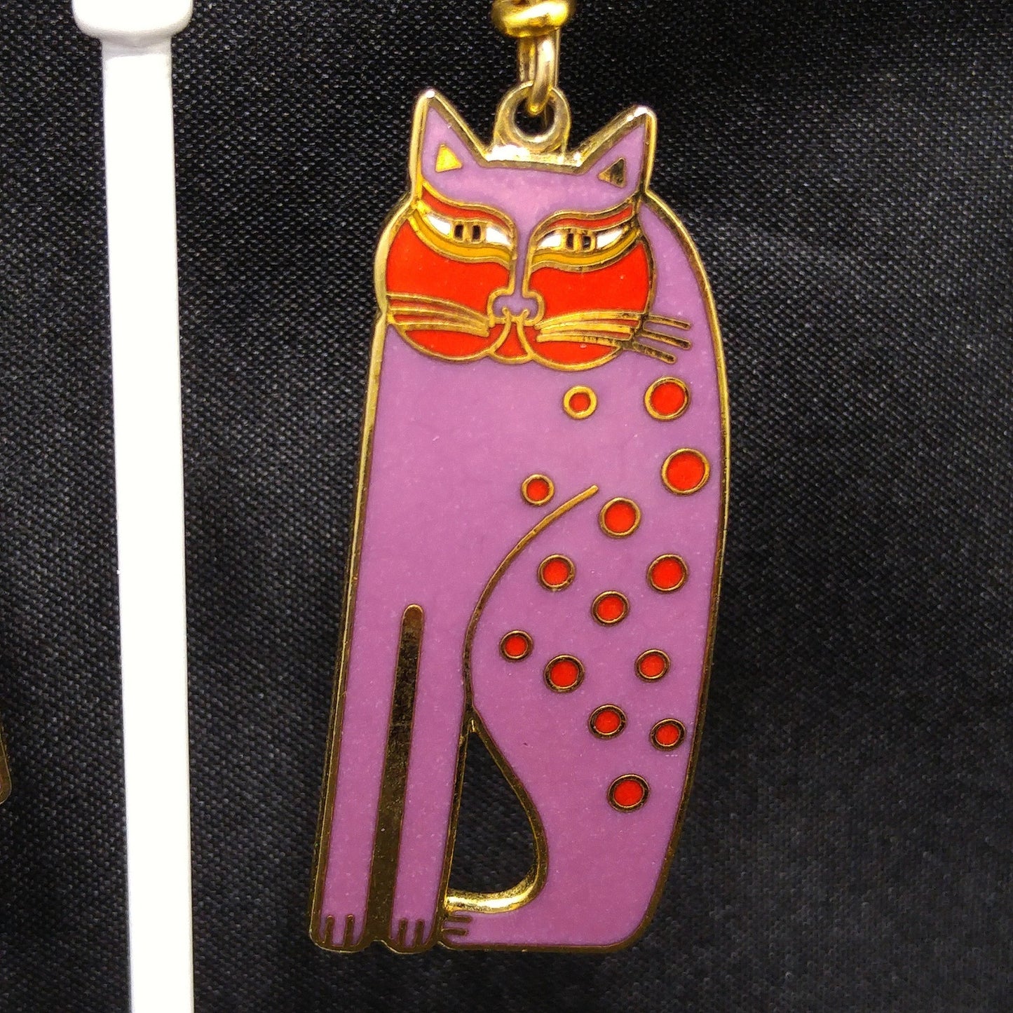 Laurel Burch "Siamese Cats" Long Earrings, Gold Plated, Purple Enamel, 1980s Vintage Jewelry