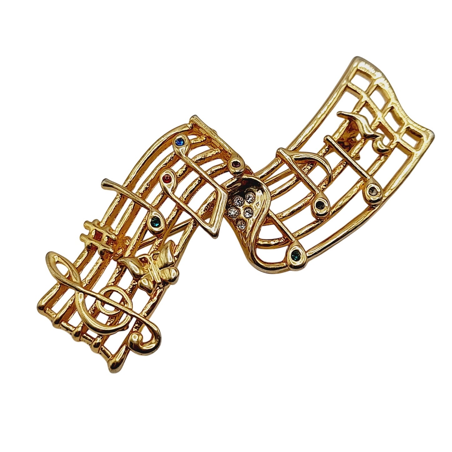 Vintage Musical Notes Brooch Gold Tone Music Staff Pin with Rhinestones – 2.75”