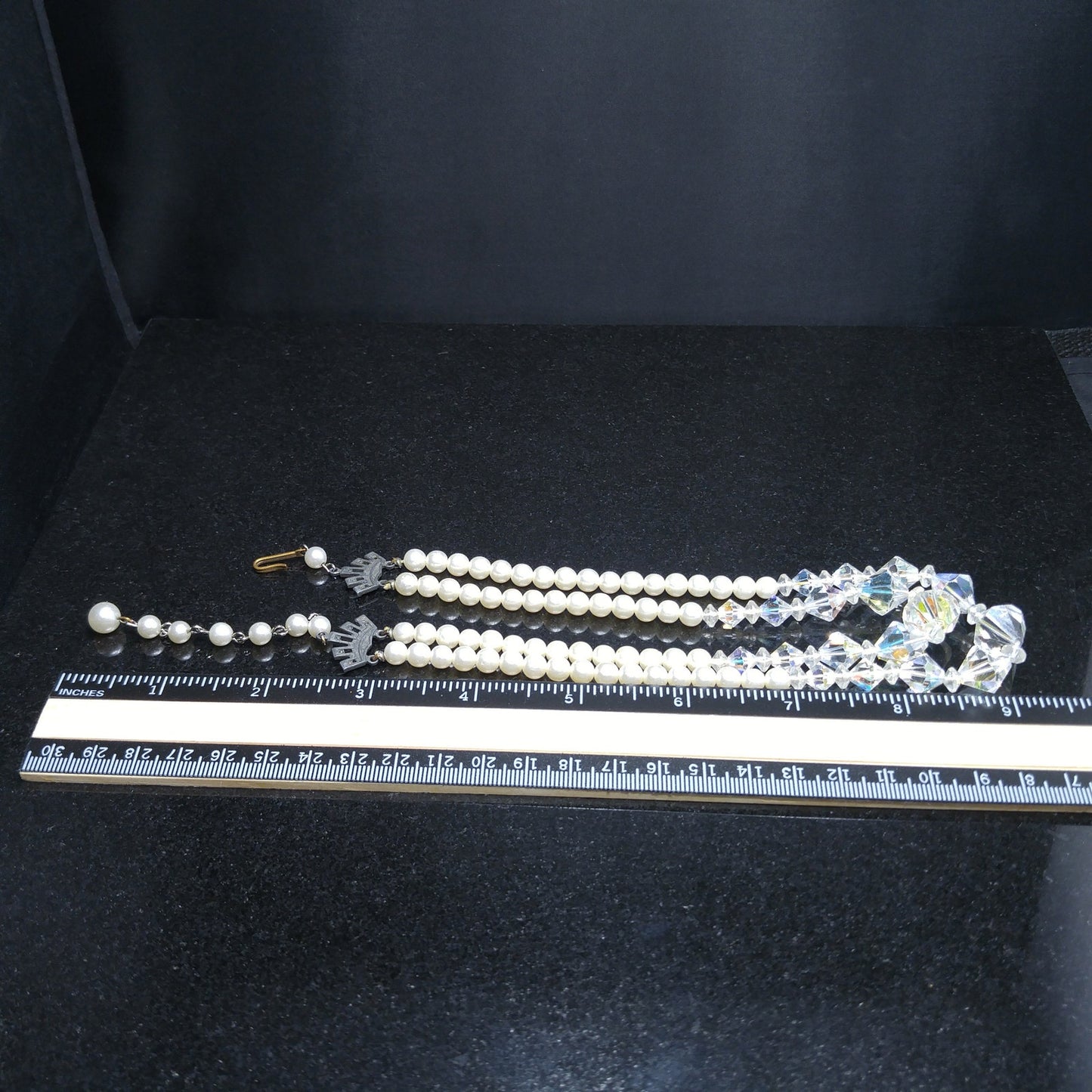 Wedding Bridal Faux Pearl AB Crystal Beaded Necklace, 2 Strands, 1950s Vintage
