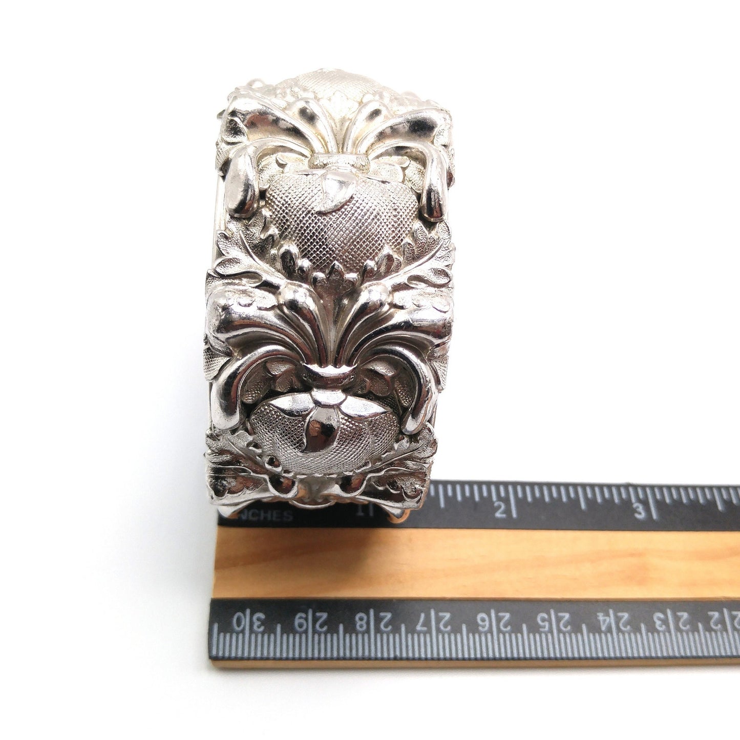 Whiting & Davis Floral Wide Hinged Bracelet, Rhodium Plated, Book Piece, 1970s Vintage Jewelry