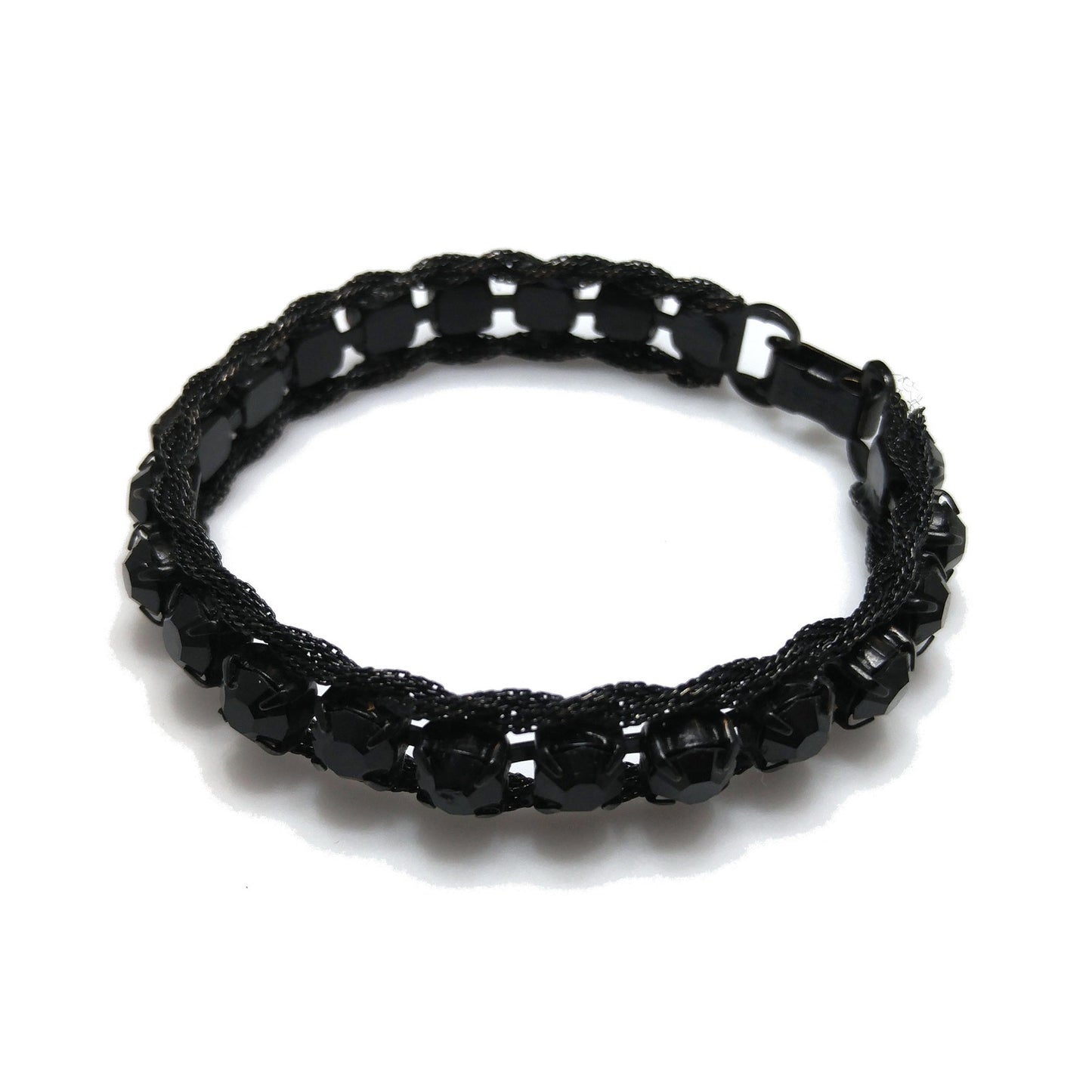 Weiss Black Japanned Bracelet, Black Rhinestones, 1950s Vintage Jewelry