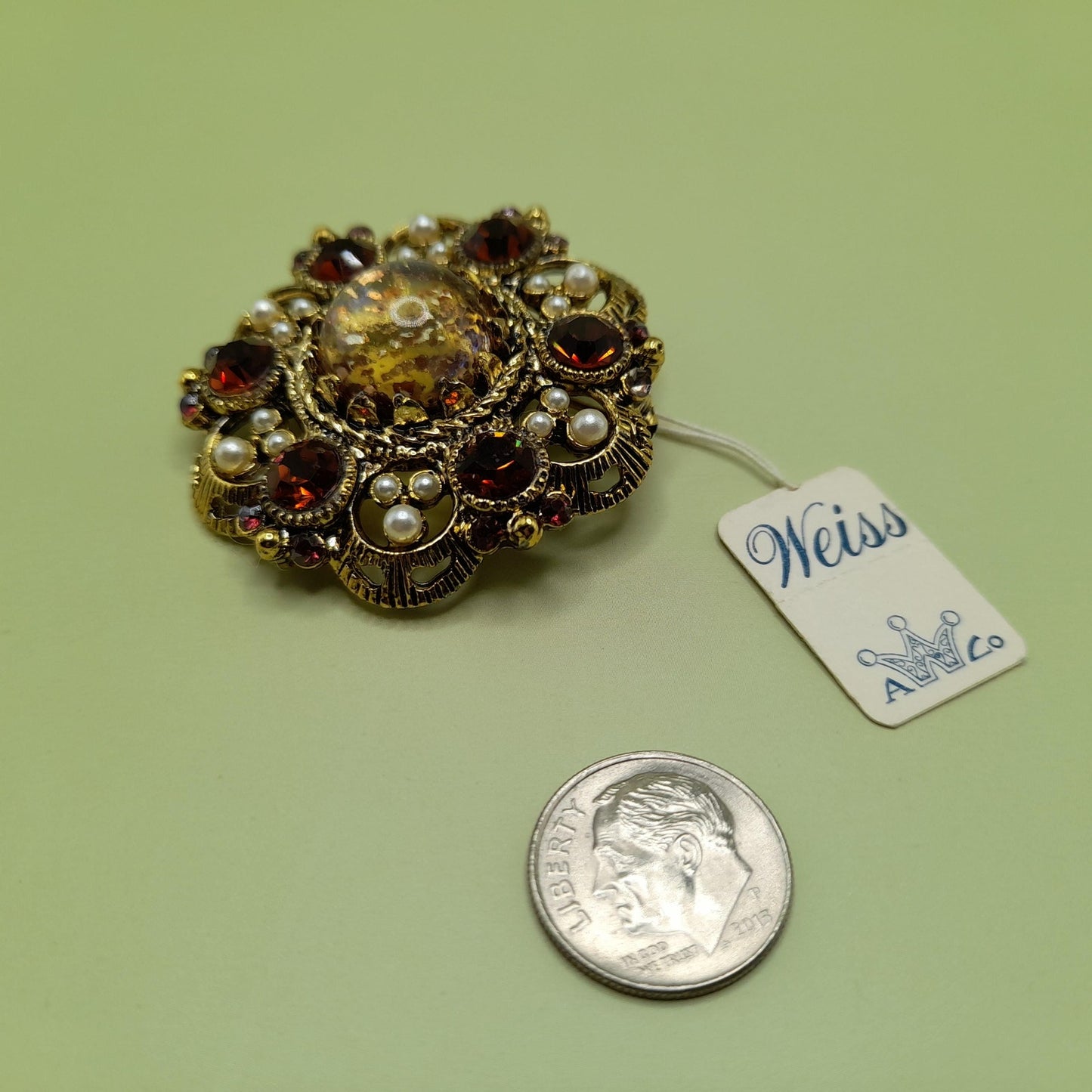 Vintage Weiss Fire Opal Dragons Breath Topaz Brooch Pendant, Faux Pearls, 1960s