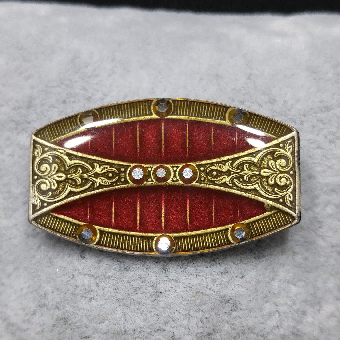 Catherine Popesco Red Enamel Art Deco Brooch, Rhinestones Under Enamel, France, 1980s Vintage Jewelry