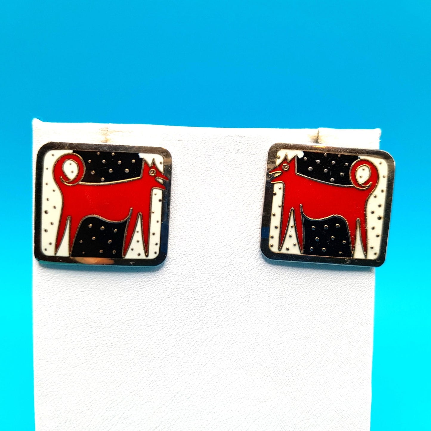 Vintage Laurel Burch "Night Dog" Post Earrings, Gold Plated