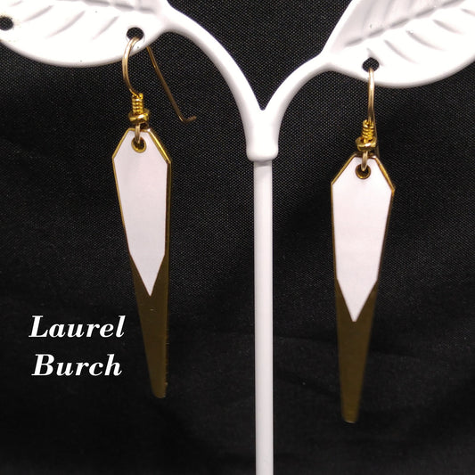 Vintage Laurel Burch Long Earrings, White Enamel, Gold Plated