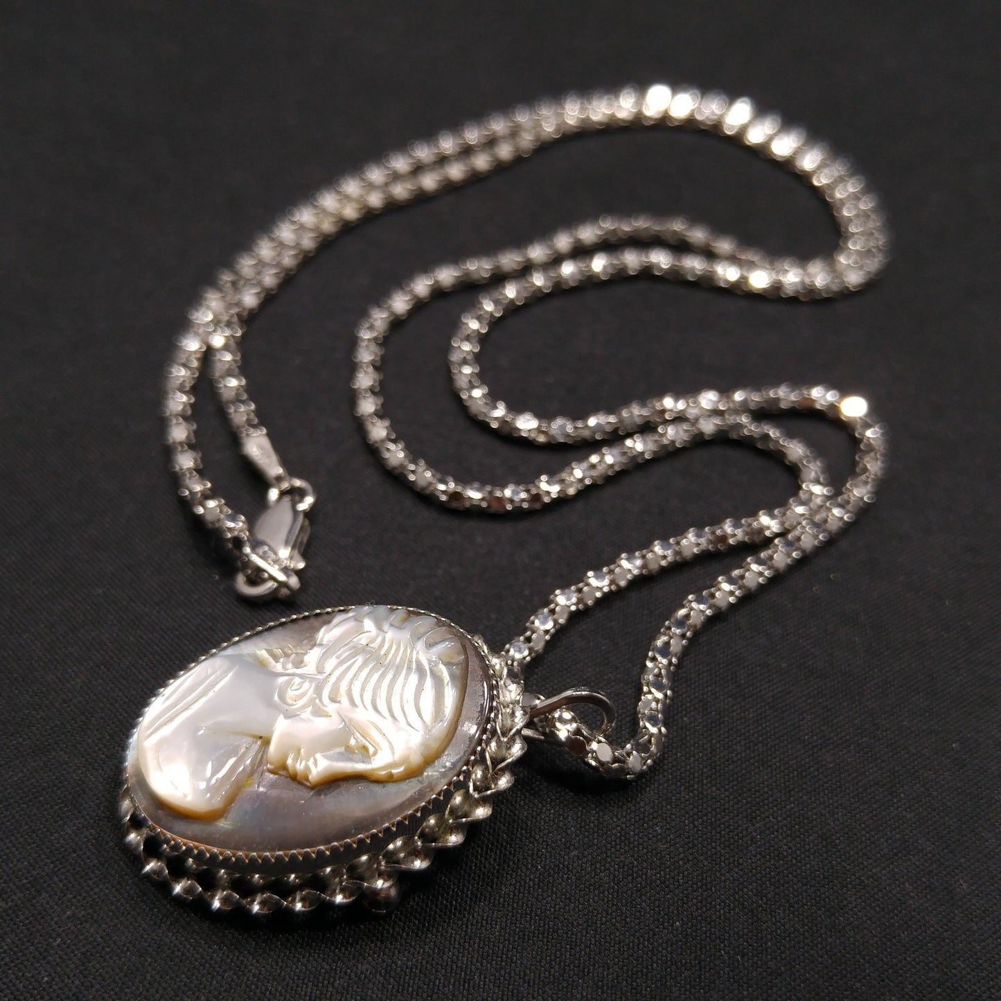 Abalone Shell Cameo Pendant Brooch, 925 Silver Necklace, 1970s Vintage Jewelry