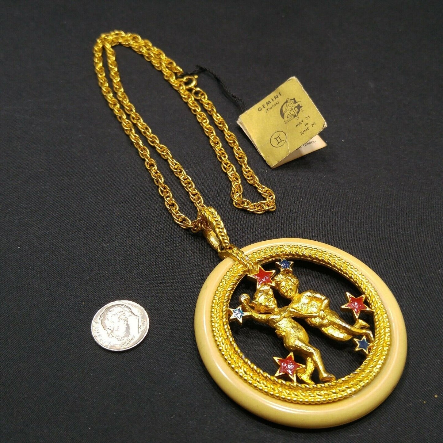 Vintage Zodiac Gemini Enamel Lucite Pendant Necklace, Original Tag, 1960s Vintage Jewelry