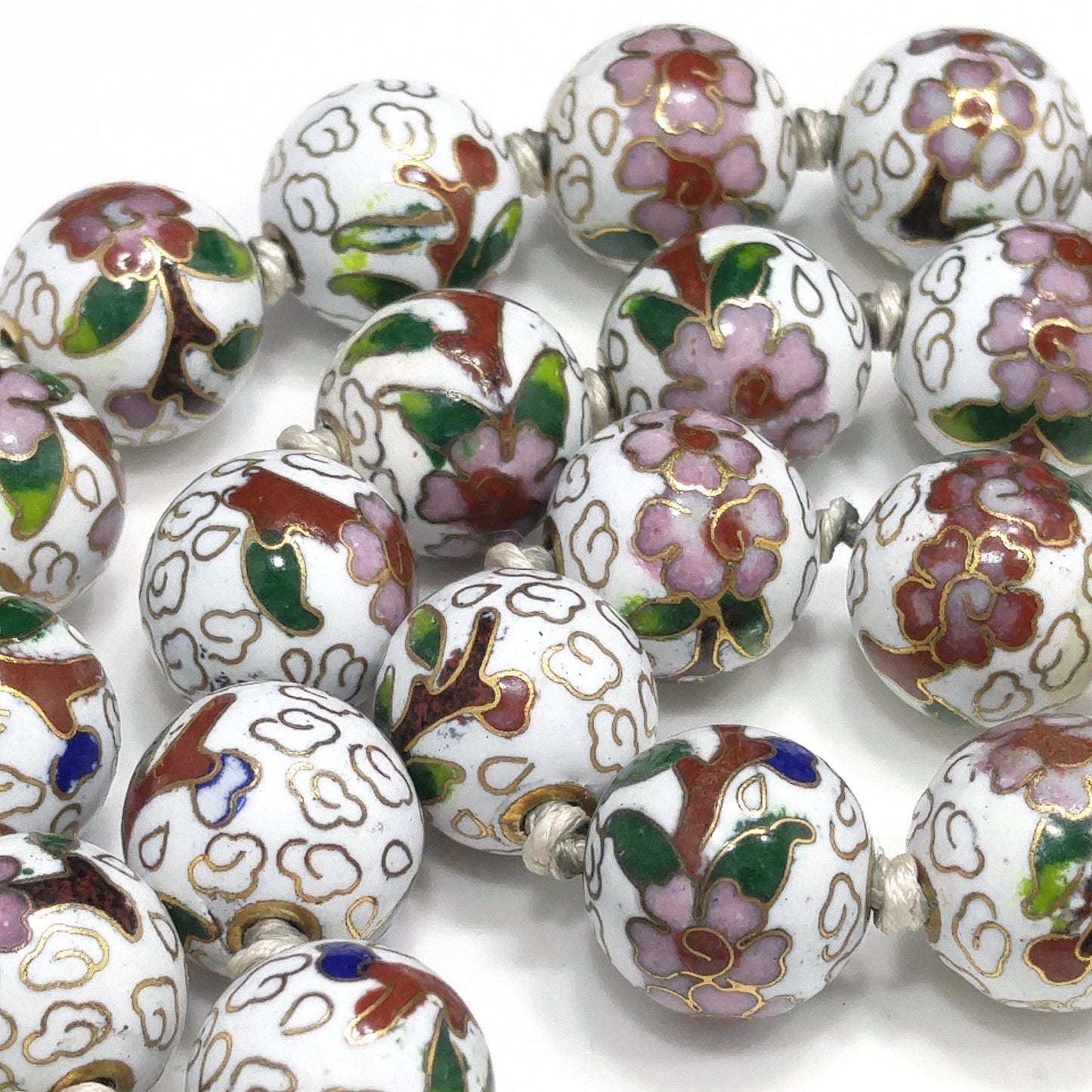 Vintage Cloisonne Beaded Necklace, Hand Knotted, Hand Painted Floral Beads, 1960s Vintage Jewelry