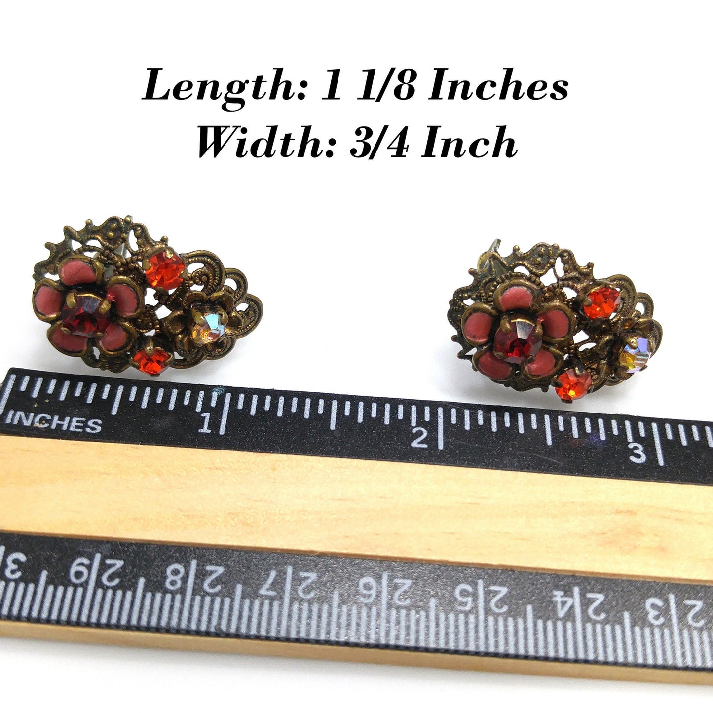 Germany Red Orange Filigree Clip Earrings, Enamel Flowers, 1940s Vintage Jewelry