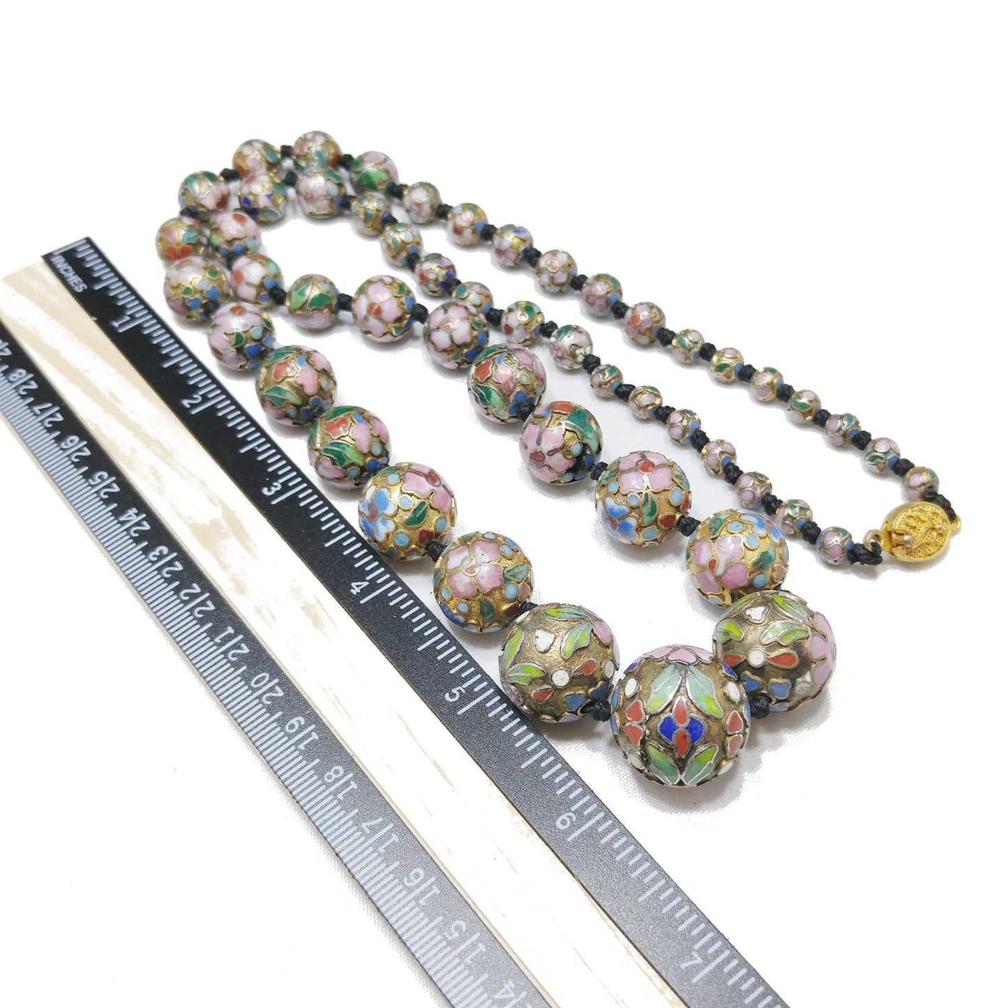 Vintage Cloisonne Beaded Necklace, Hand Knotted, Hand Painted Floral Beads, 1960