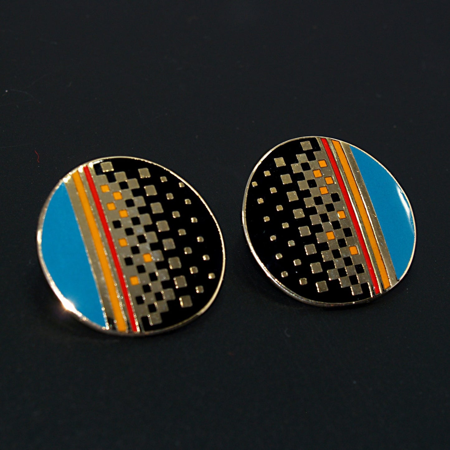 Laurel Burch "RAJI" Post Earrings, Round Enamel Cloisonne, Geometric Design