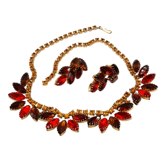 Vintage Orange Topaz Rhinestone Necklace Earrings Set, Gold Plated, 1960s