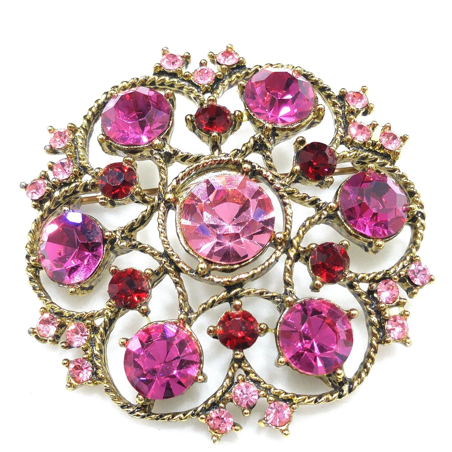 Weiss Pink Rhinestone Brooch, Antique Gold Rope Pin, 1960s Vintage Jewelry