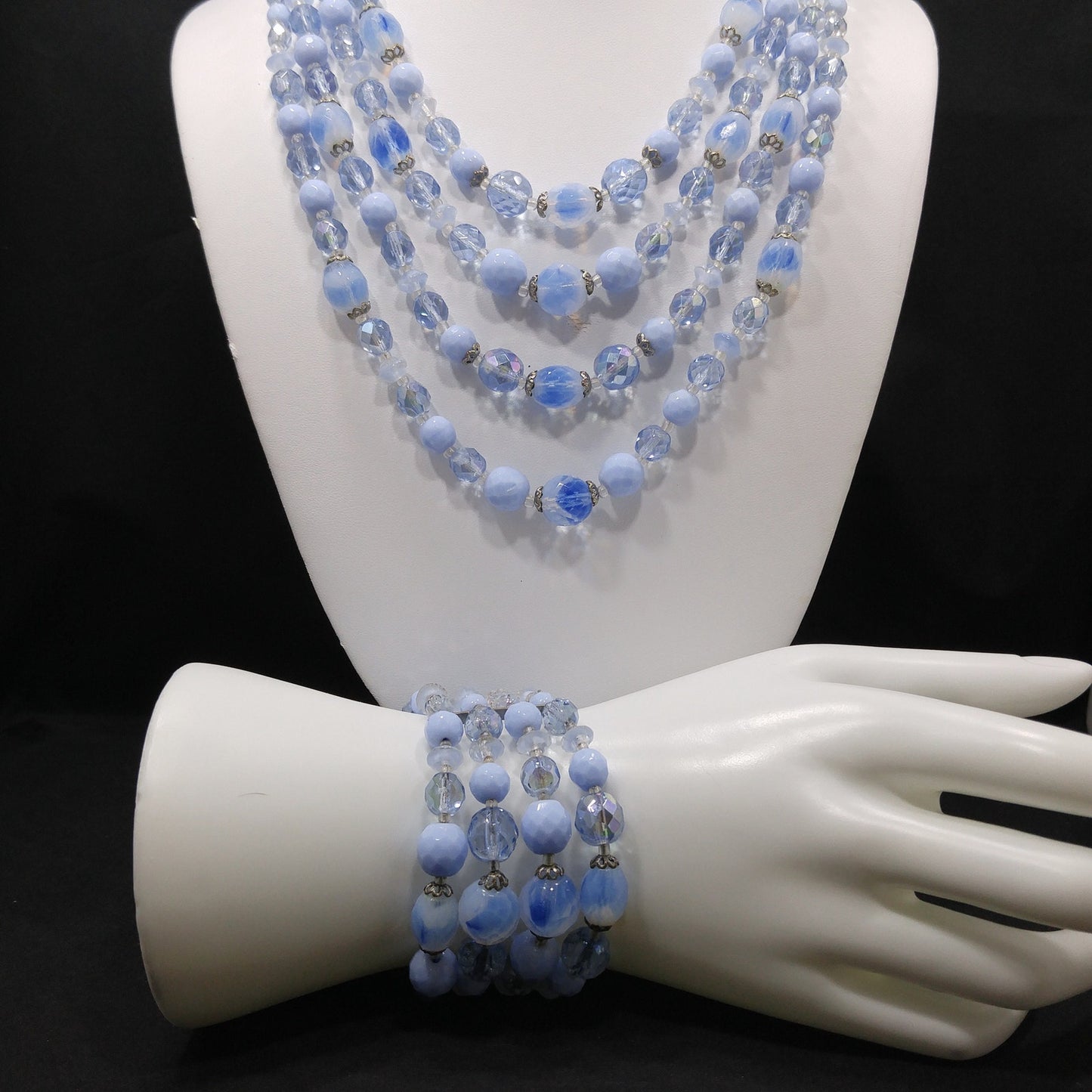 West Germany Blue Beaded Necklace & Bracelet, Art Glass Crystal Beads, 1950s Vintage Jewelry