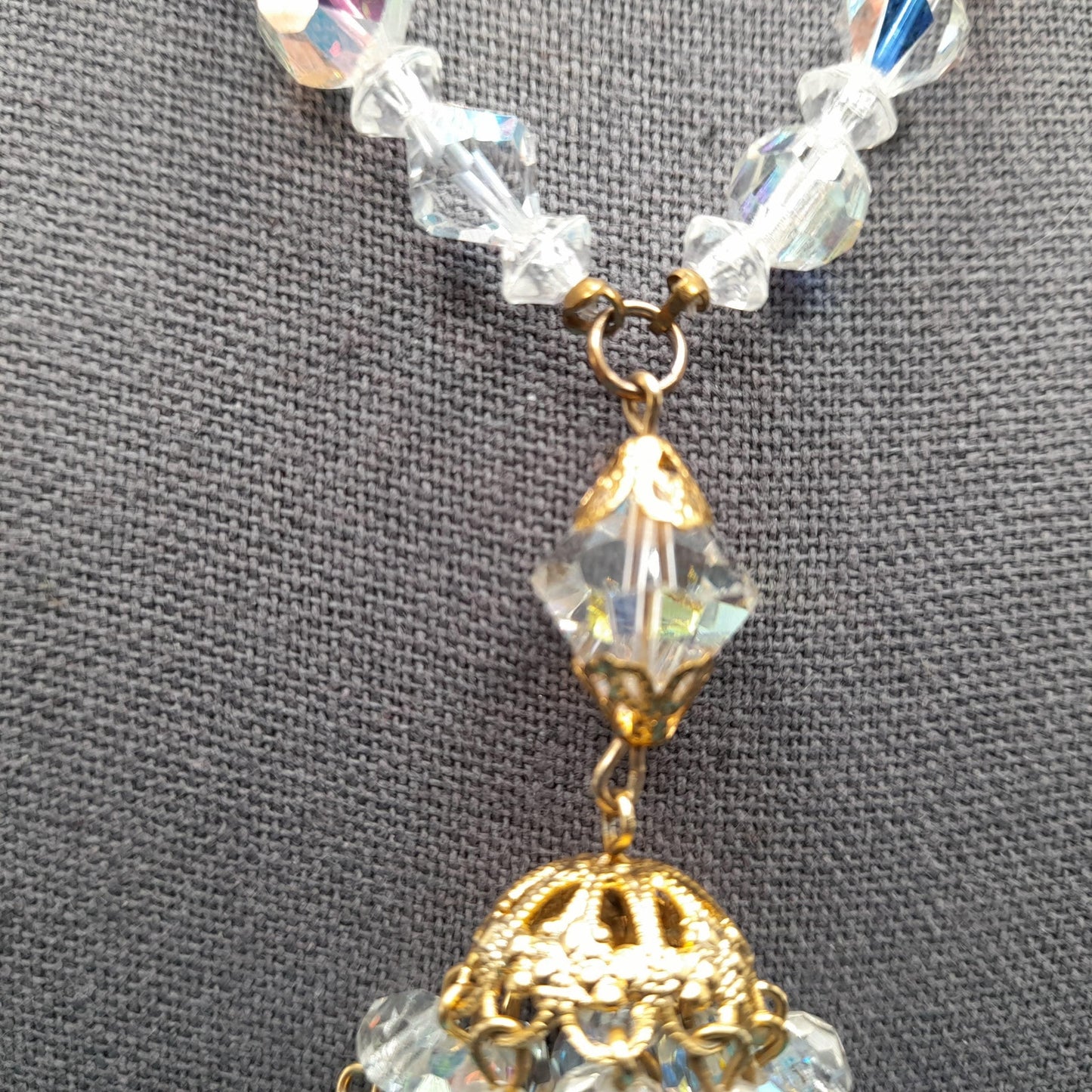 Clear Aurora Borealis Tassel Necklace, Bicone Round Aspirin Crystal Beads, 1960s Vintage Jewelry