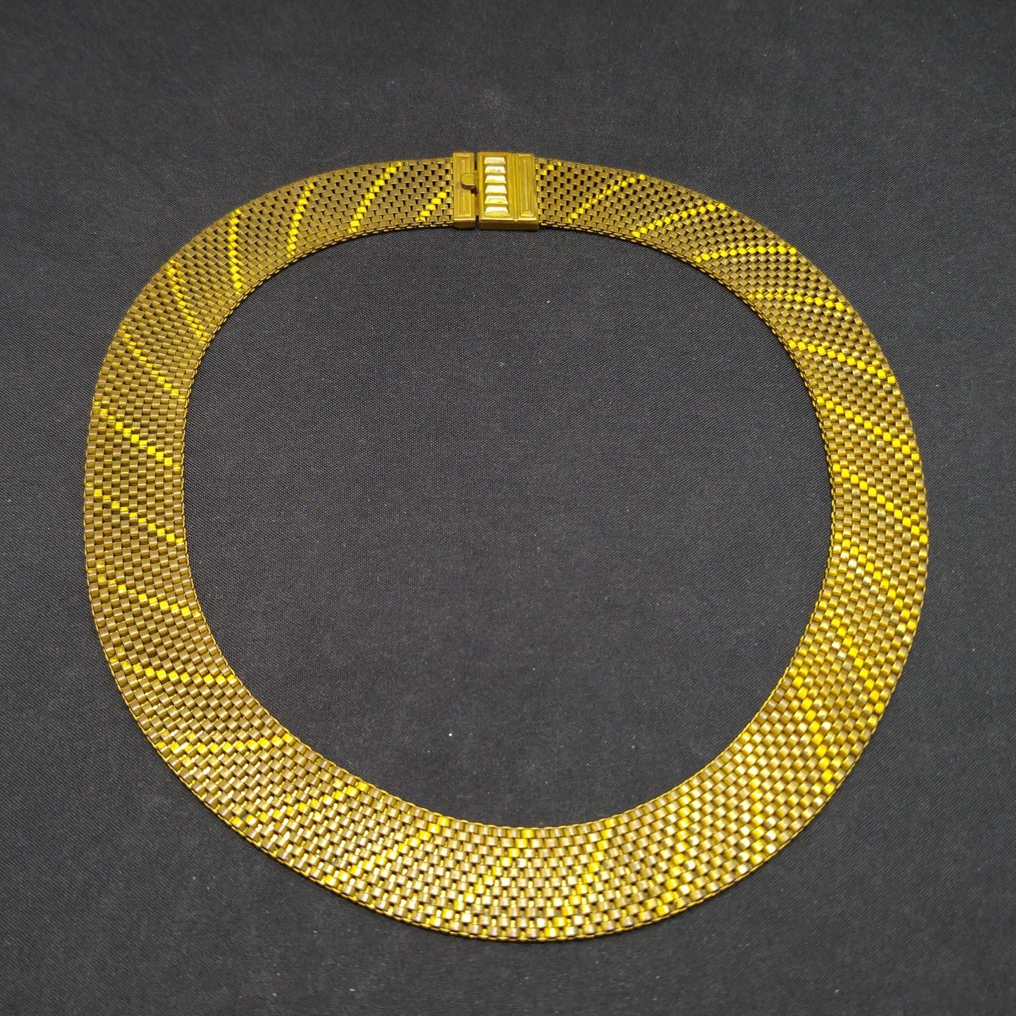Art Deco Brass Mesh Necklace, Yellow Enamel, 1930s Vintage Jewelry
