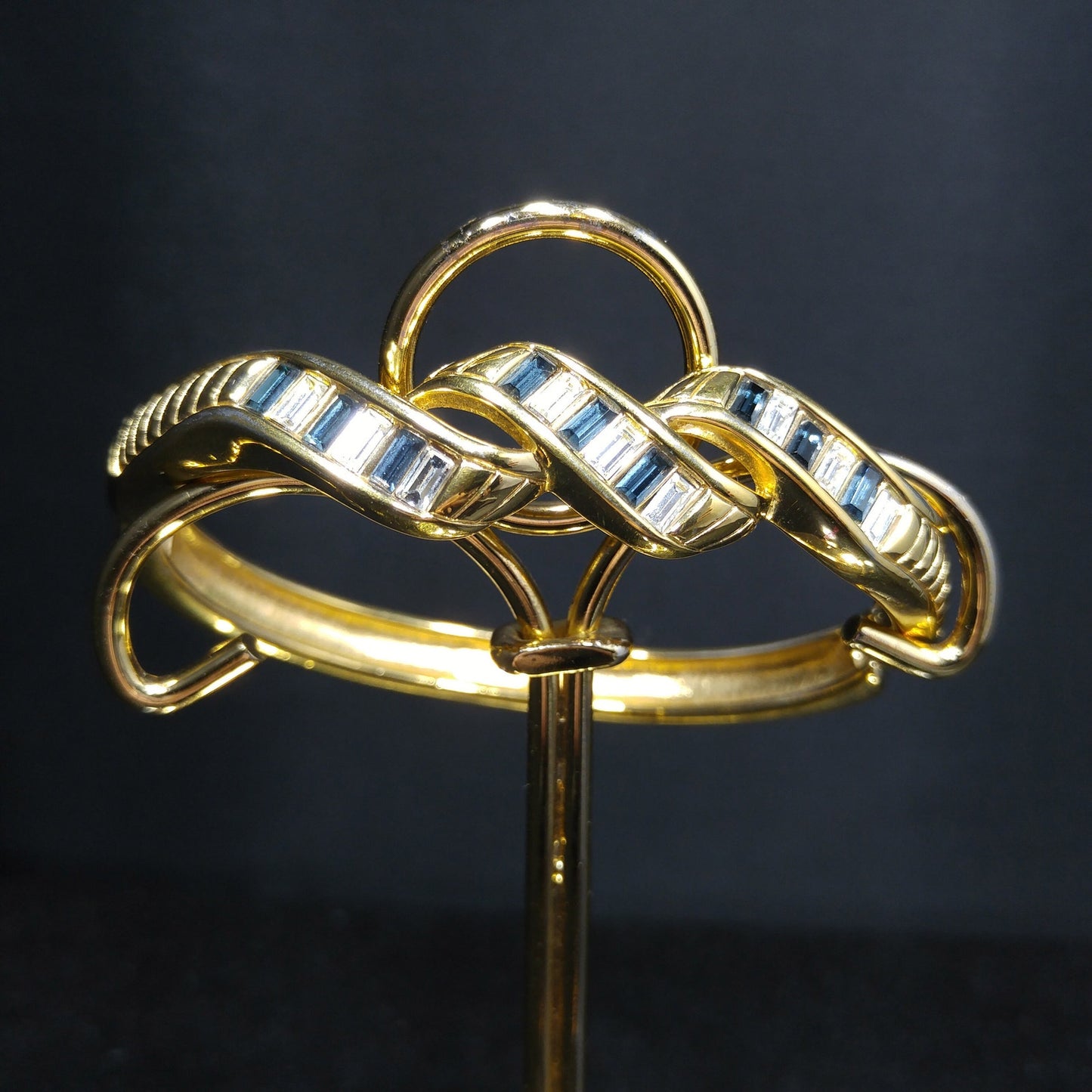 Swarovski Blue Rhinestone Hinged Bracelet, Gold Plated, 1970s Vintage Jewelry