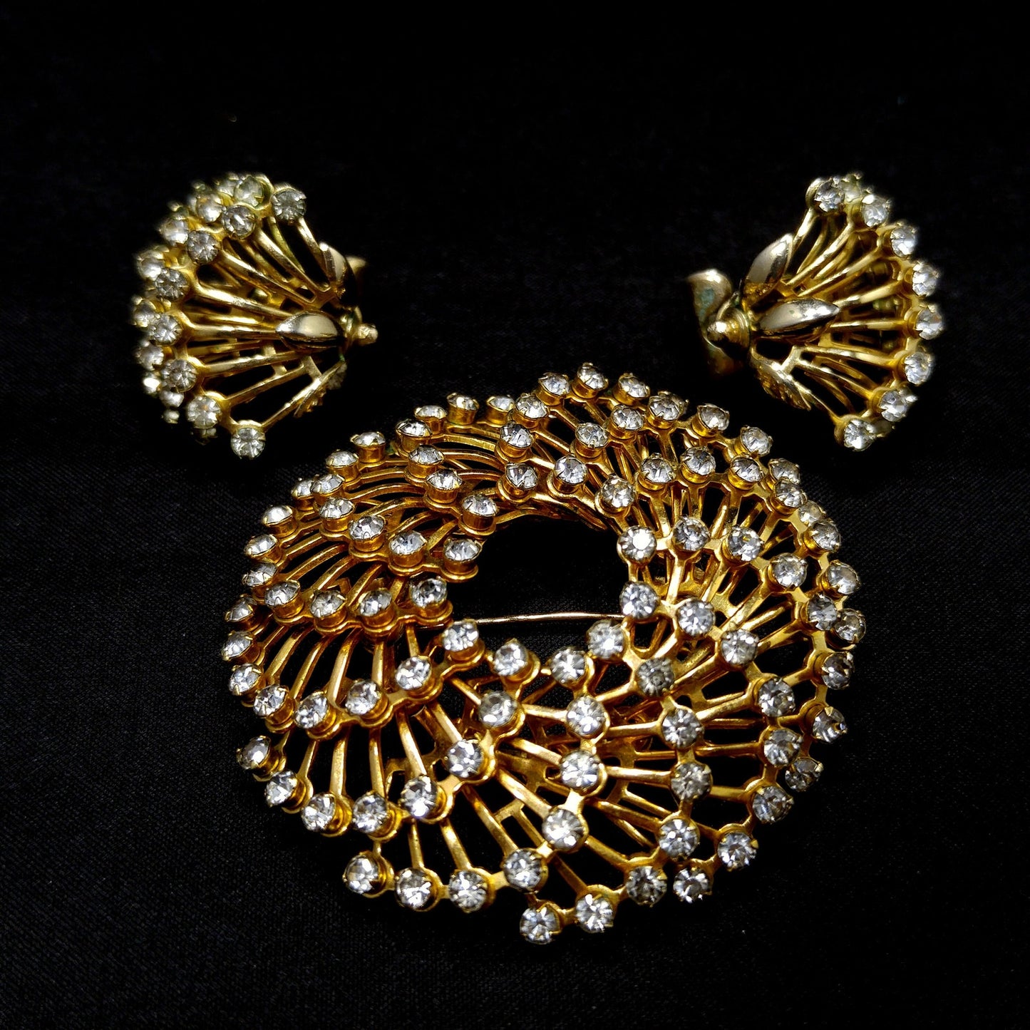 Vintage Hattie Carnegie Rhinestone Brooch & Earrings, Gold Plated, 1950s