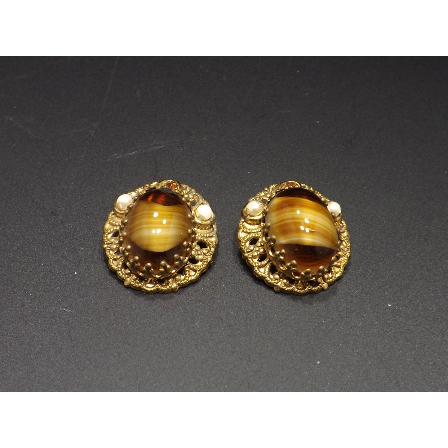 West Germany Art Glass Clip Earrings, Filigree Background, 1950s Vintage Jewelry