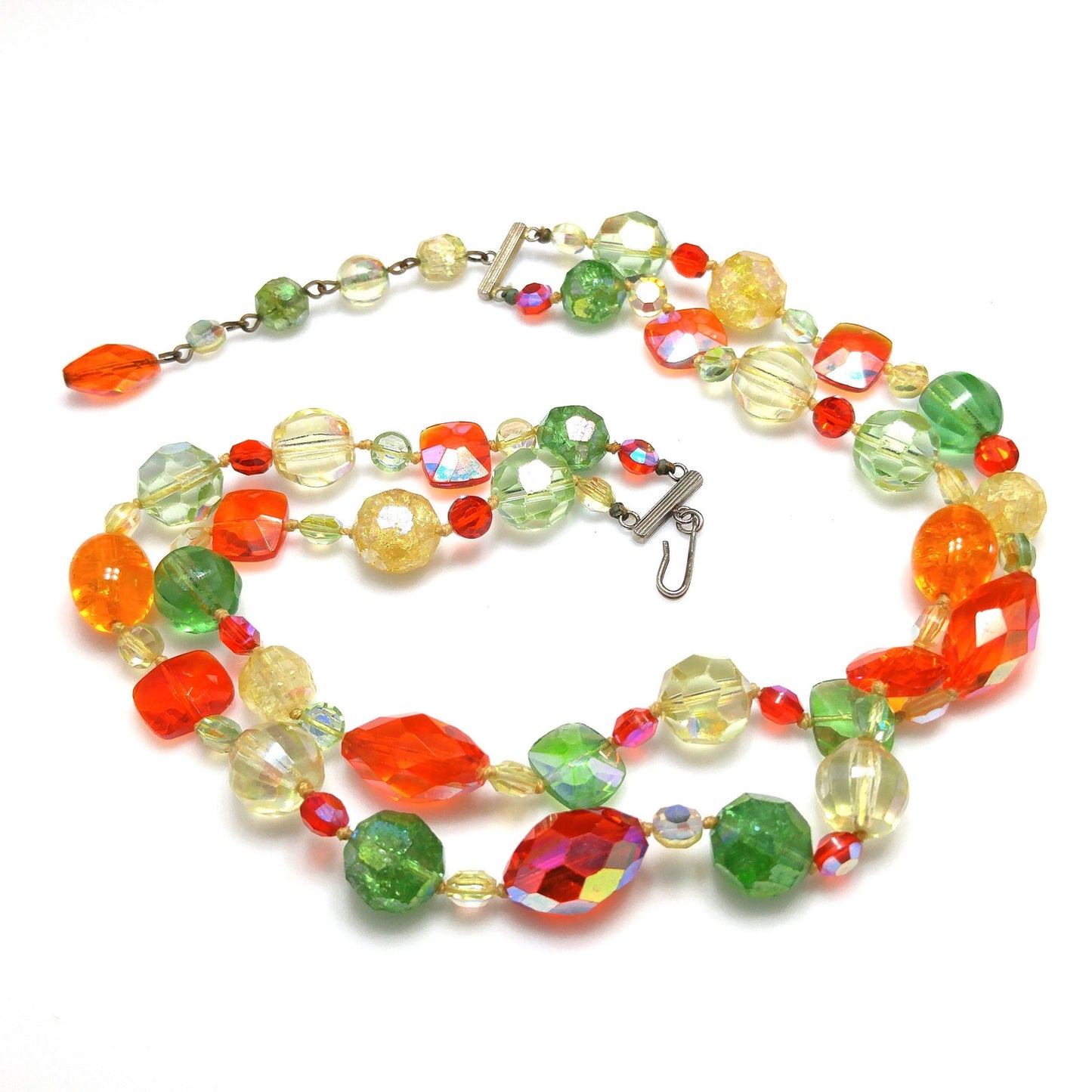 Crystal & Molded Glass Beaded Necklace, Orange Green Yellow, 1950s Vintage Jewelry