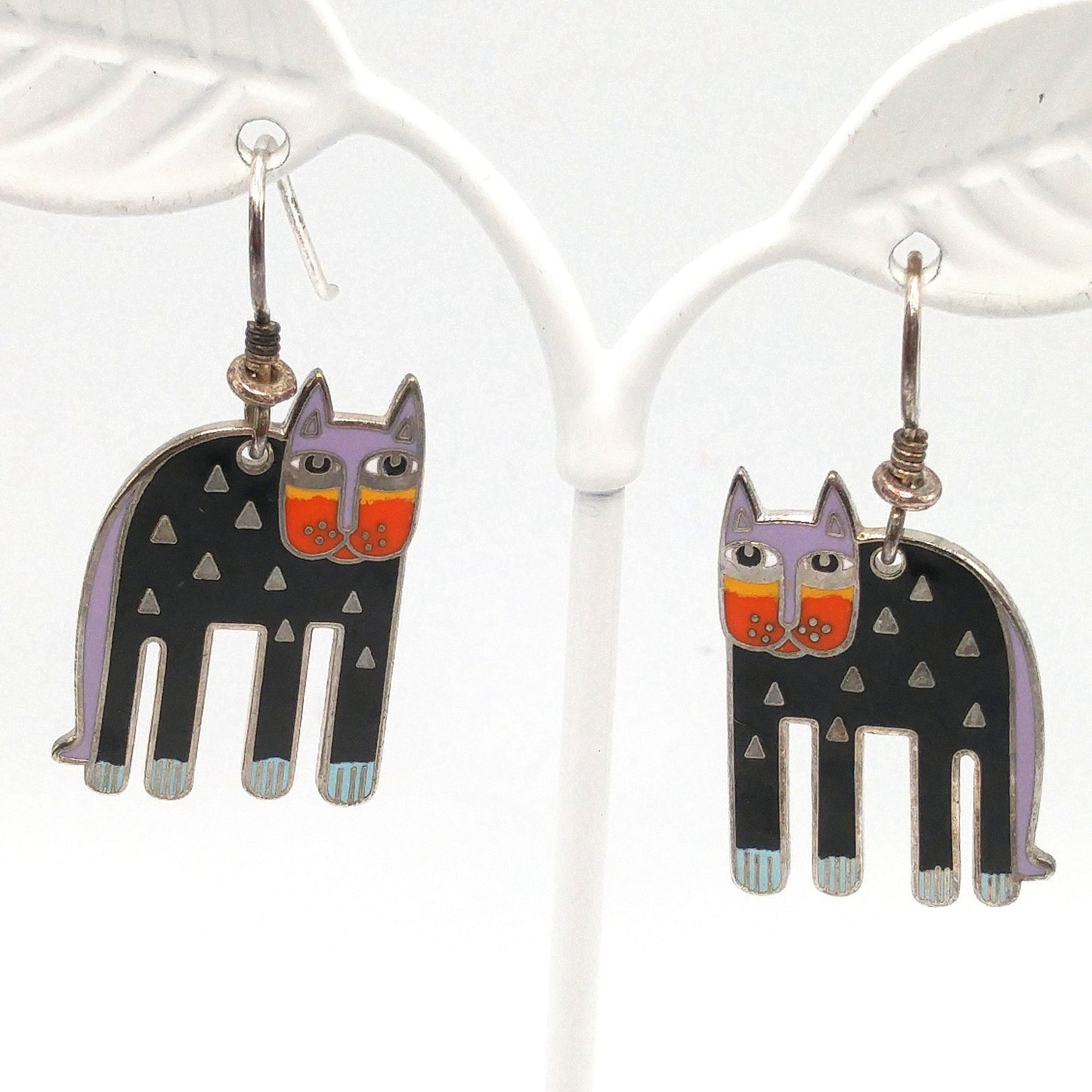 Laurel Burch "Alexander's Animal" Cat Earrings, Rhodium Plated Enamel, 1980s Vintage Jewelry