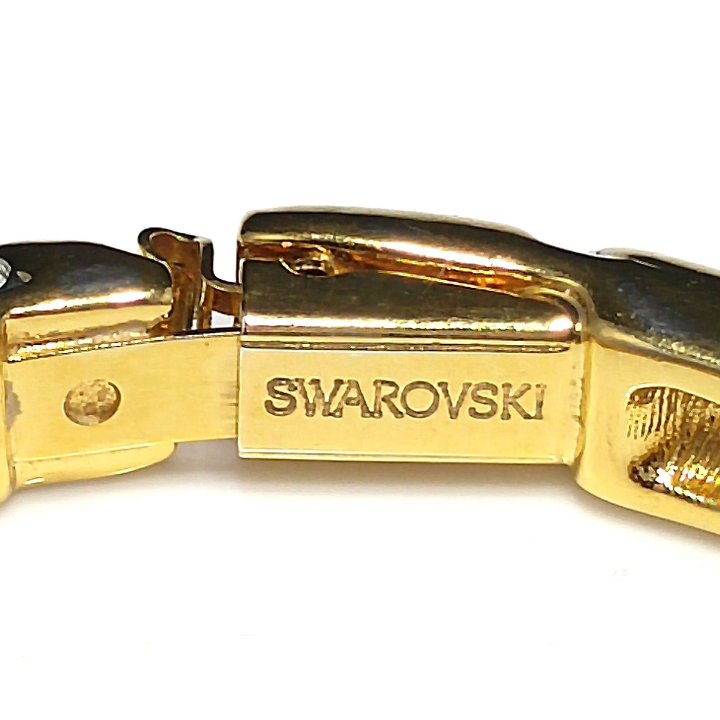 Swarovski Swan Logo Bracelet, Gold Plated Hinged Bangle, Clear Pave Rhinestones, 1980s Vintage Jewelry