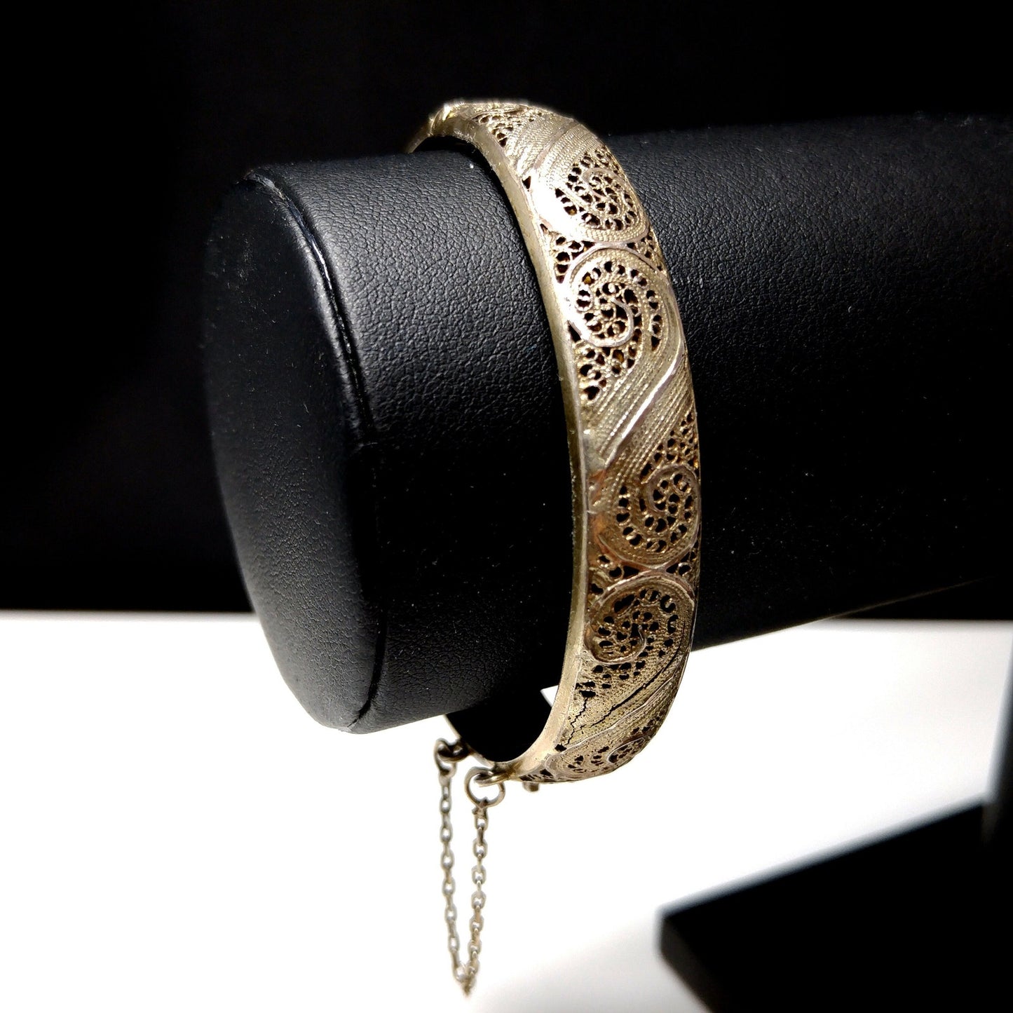 Art Nouveau Silver Filigree Hinged Bracelet, Gold Washed, 1920s Vintage Jewelry