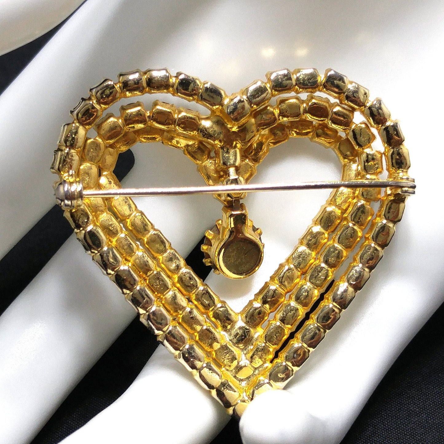 Aurora Borealis Heart Brooch, AB Rhinestone Dangle, 1960s Vintage Jewelry