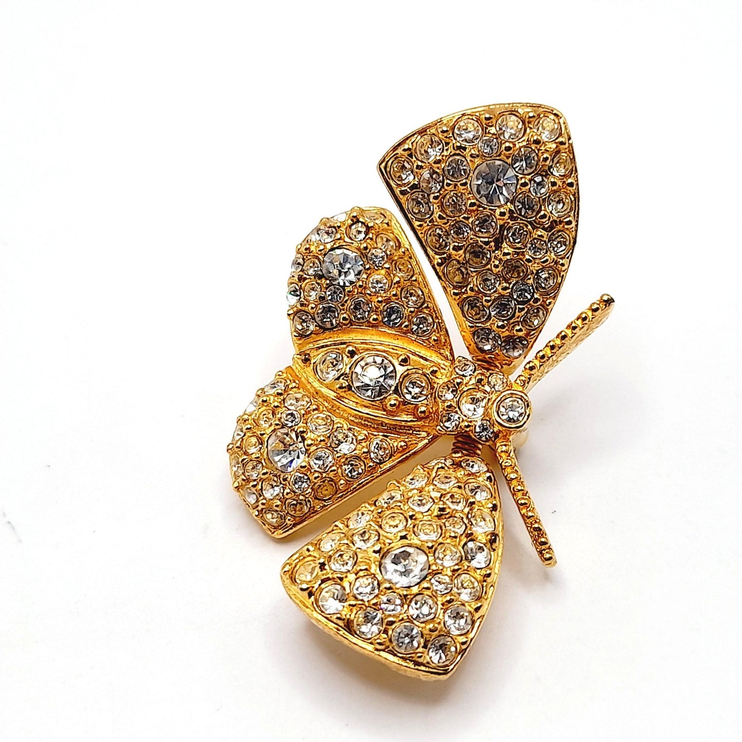 Vintage Joan Rivers Trembler Butterfly Brooch – Gold Plated Rhinestone Moth Pin – Designer Signed