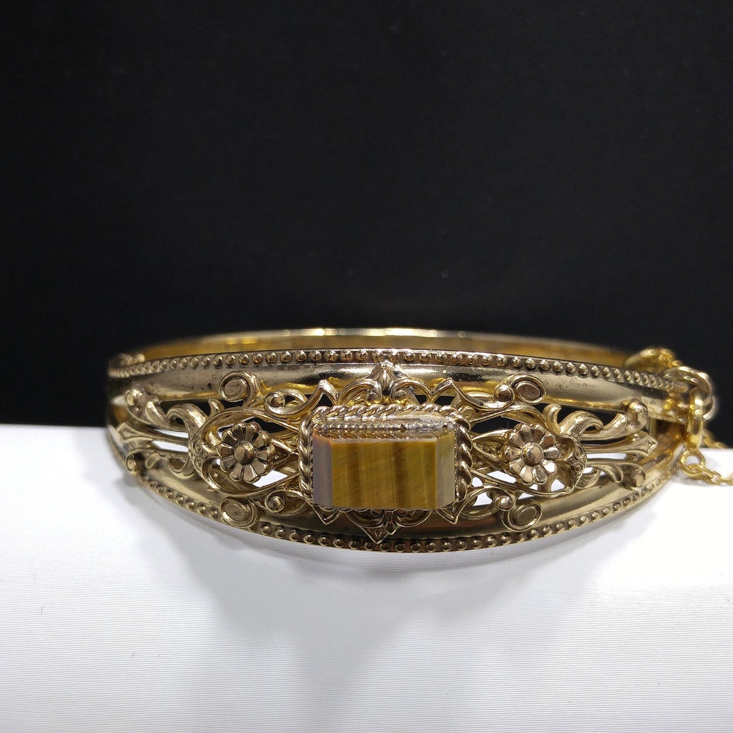 Gemstone Filigree Hinged Bracelet, Safety Chain, 1940s Vintage Jewelry