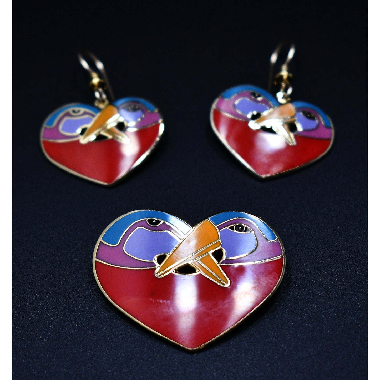 Laurel Burch "Bird Heart" Red Brooch & Earrings, Gold Plated Cloisonne Enamel, 1980s Vintage Jewelry