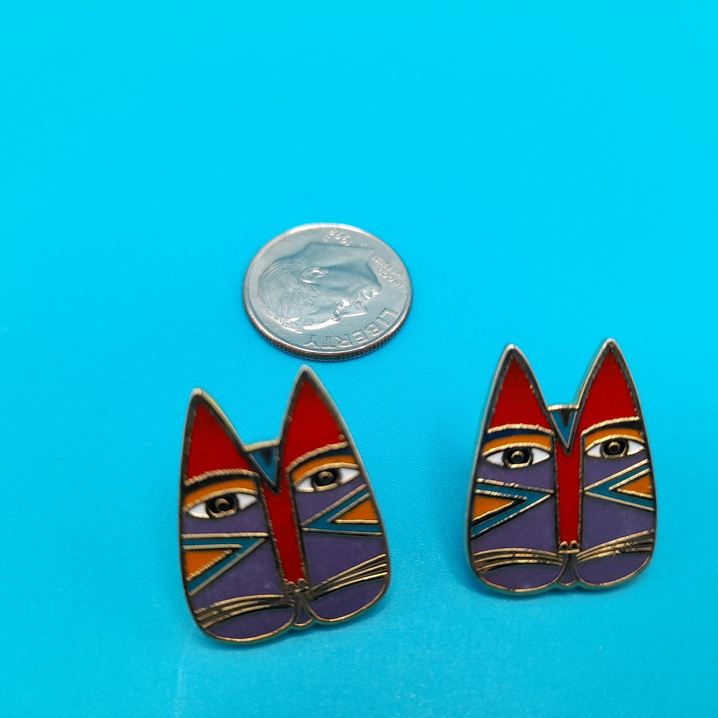 Laurel Burch "Gato" Cat Post Earrings, Enamel Cloisonne, Gold Plated, 1980s Vintage Jewelry